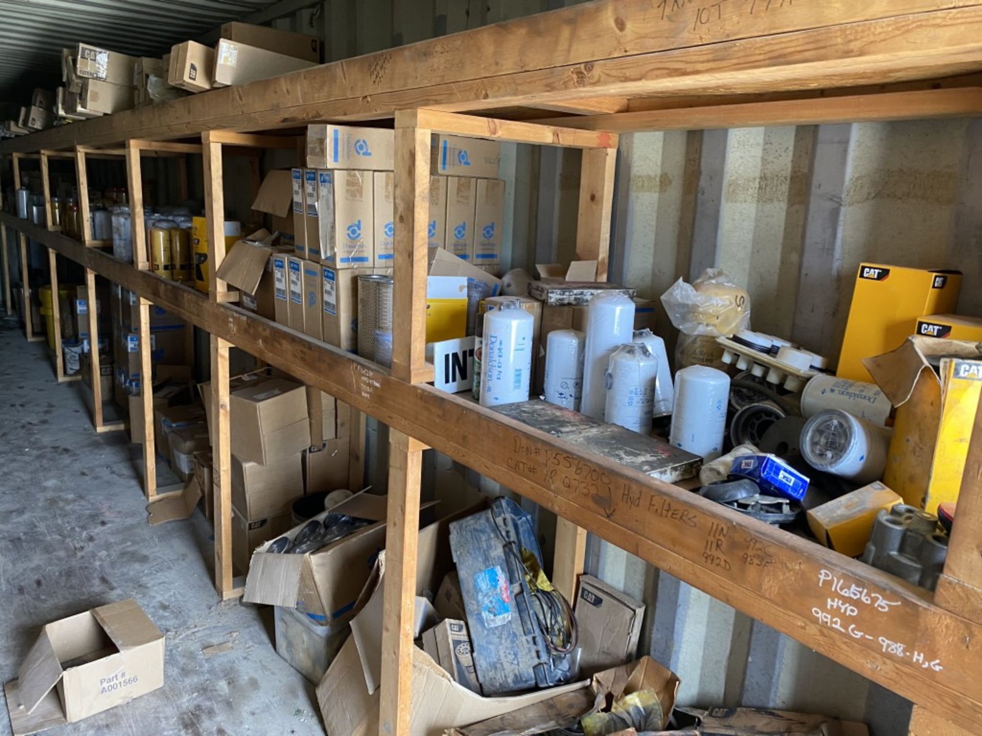 40' STEEL STORAGE CONTAINER FULL OF NEW FILTERS, HARDWARE, AND PARTS, HAS SHELVING & LIGHT - Image 3 of 24