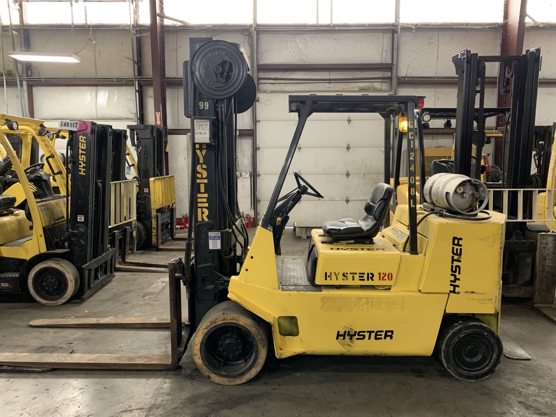 HYSTER 12,000-LB. CAPACITY FORKLIFT, MODEL: S120XL2, S/N: D004V04408L, LPG, SOLID TIRES, 3-STAGE