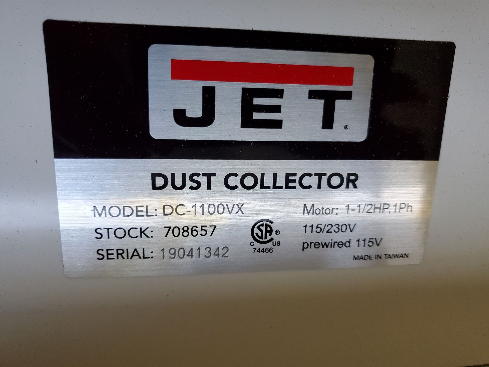 JET VORTEX CONE PORTABLE DUST COLLECTOR, MODEL DC-1100VX, 1.5 HP, 115/230V, S/N 19041342, BOTTOM - Image 8 of 9