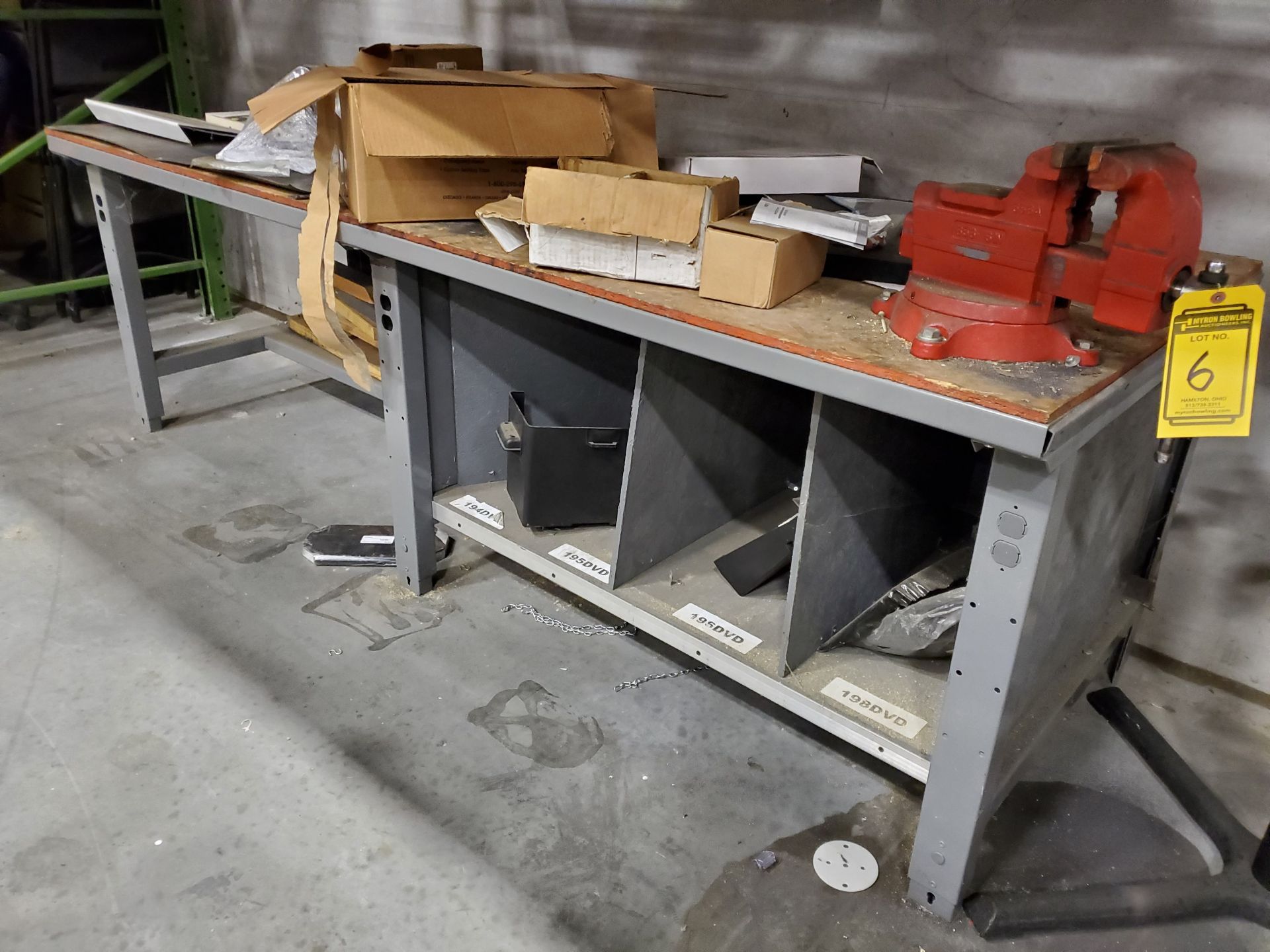 6’‘ ANVIL SWIVEL BENCH VISE ON ULINE METAL BENCH AND WELDING CURTAIN - Image 5 of 5