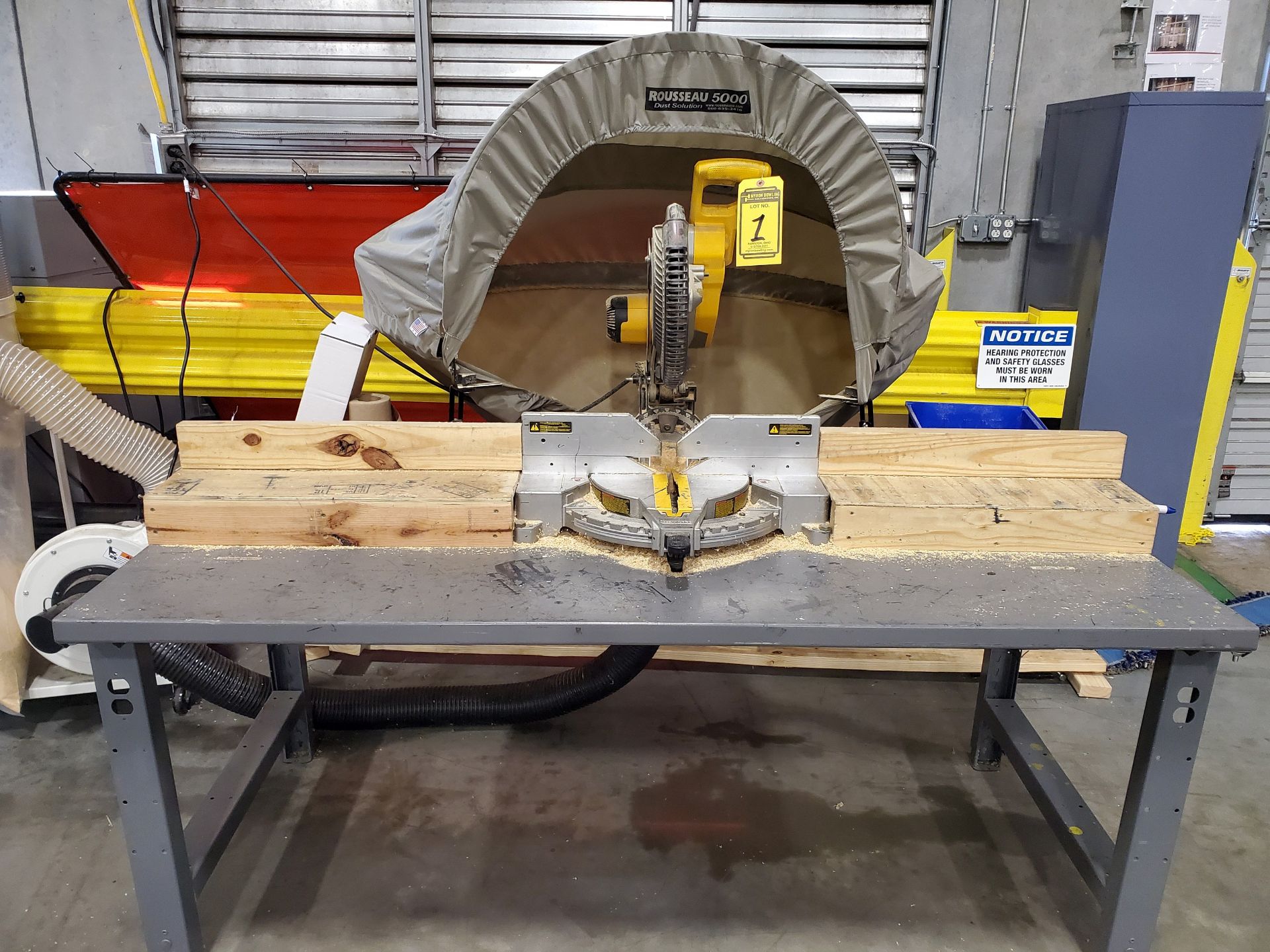 DEWALT 12’‘ DOUBLE BEVEL COMPOUND MITER SAW WITH ROUSSEAU 5000 DUST SOLUTION CANOPY, ON CUSTOM