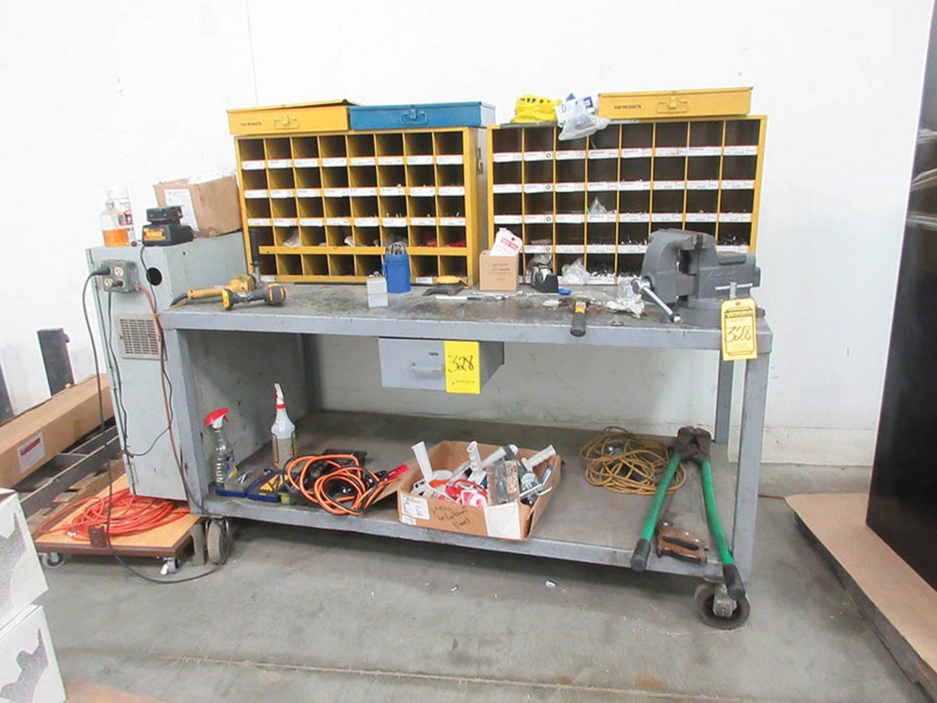 (2) WORKBENCHES (NO BOLT BINS), WITH ROCK RIVER 6'' BENCH VISE