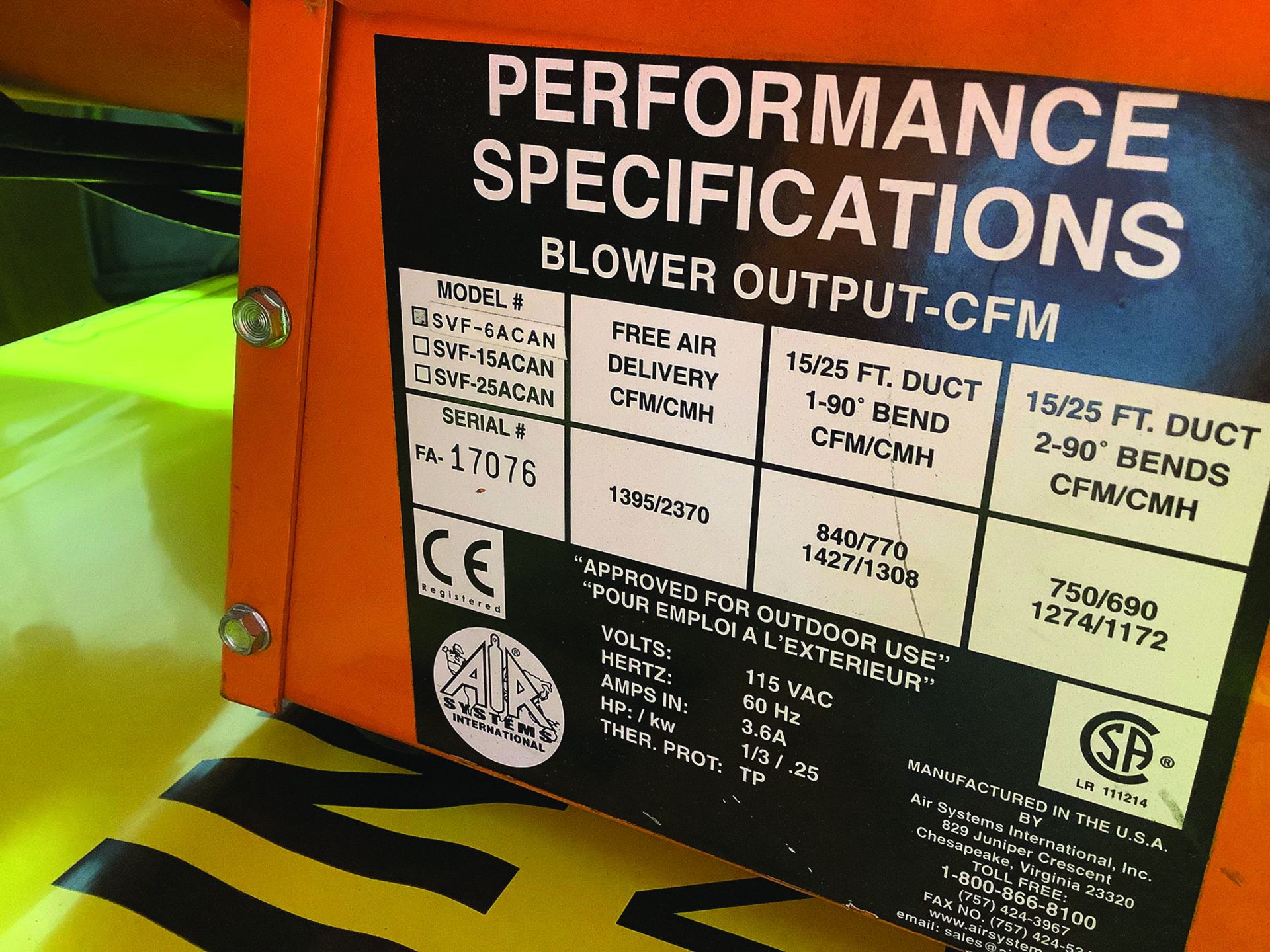 AIR SYSTEMS INTERNATIONAL SVF-6ACAN BLOWER - Image 2 of 2