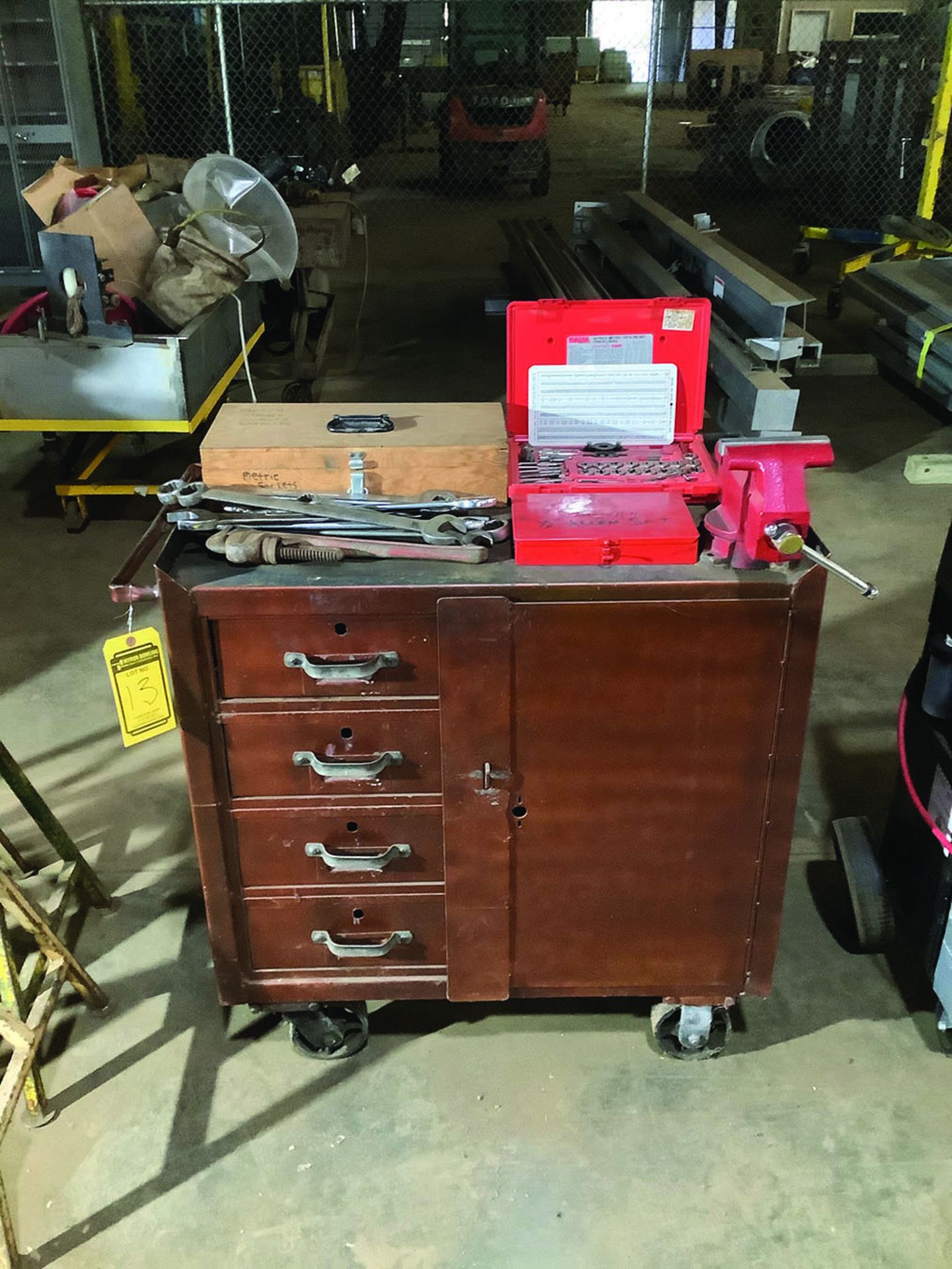 ROLLING TOOL CHEST WITH VICE AND MISC HAND TOOLS