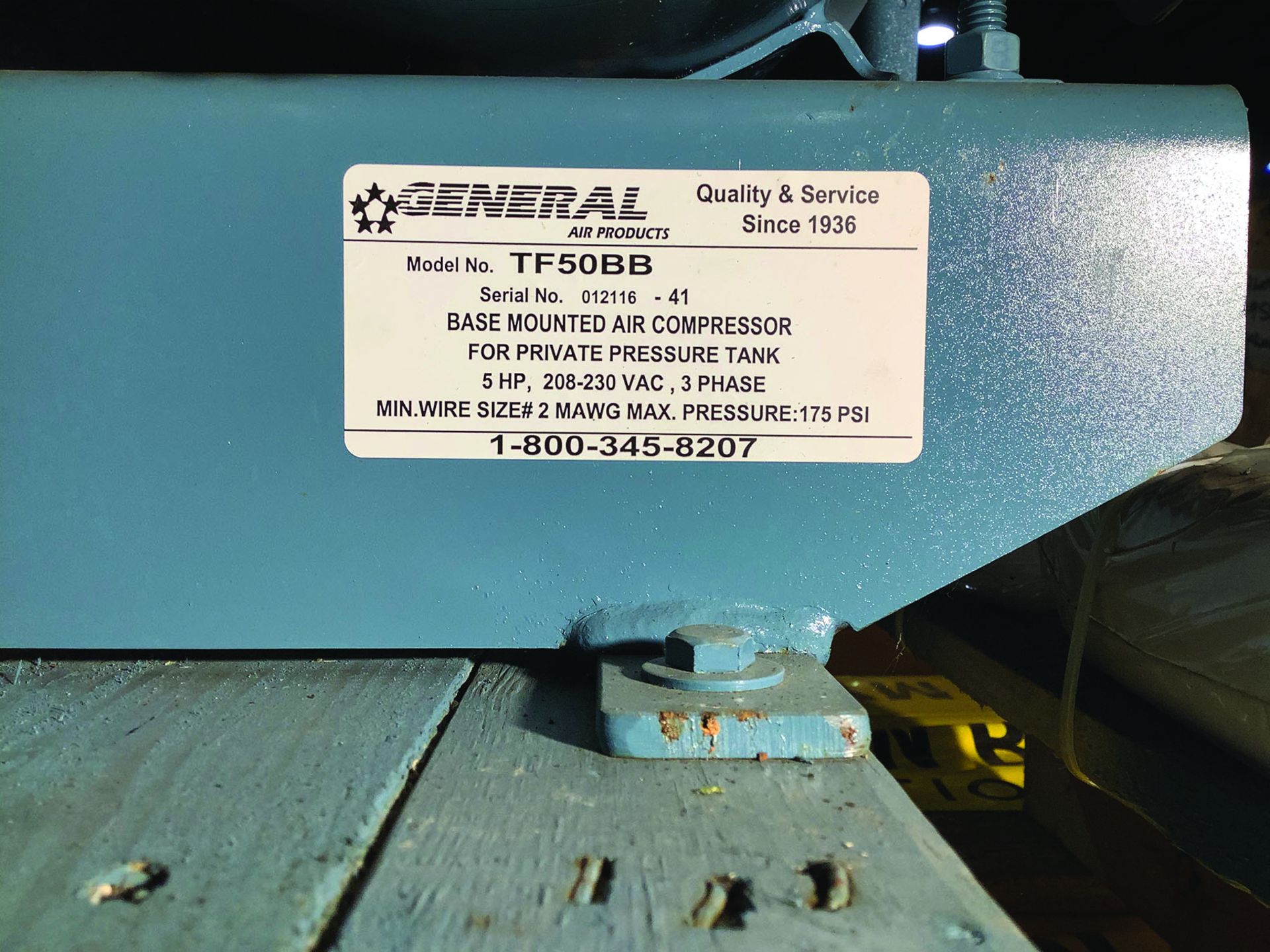 GENERAL MODEL TF50BB 5HP BASE MOUNTED AIR COMPRESSOR (NEW) - Image 4 of 7