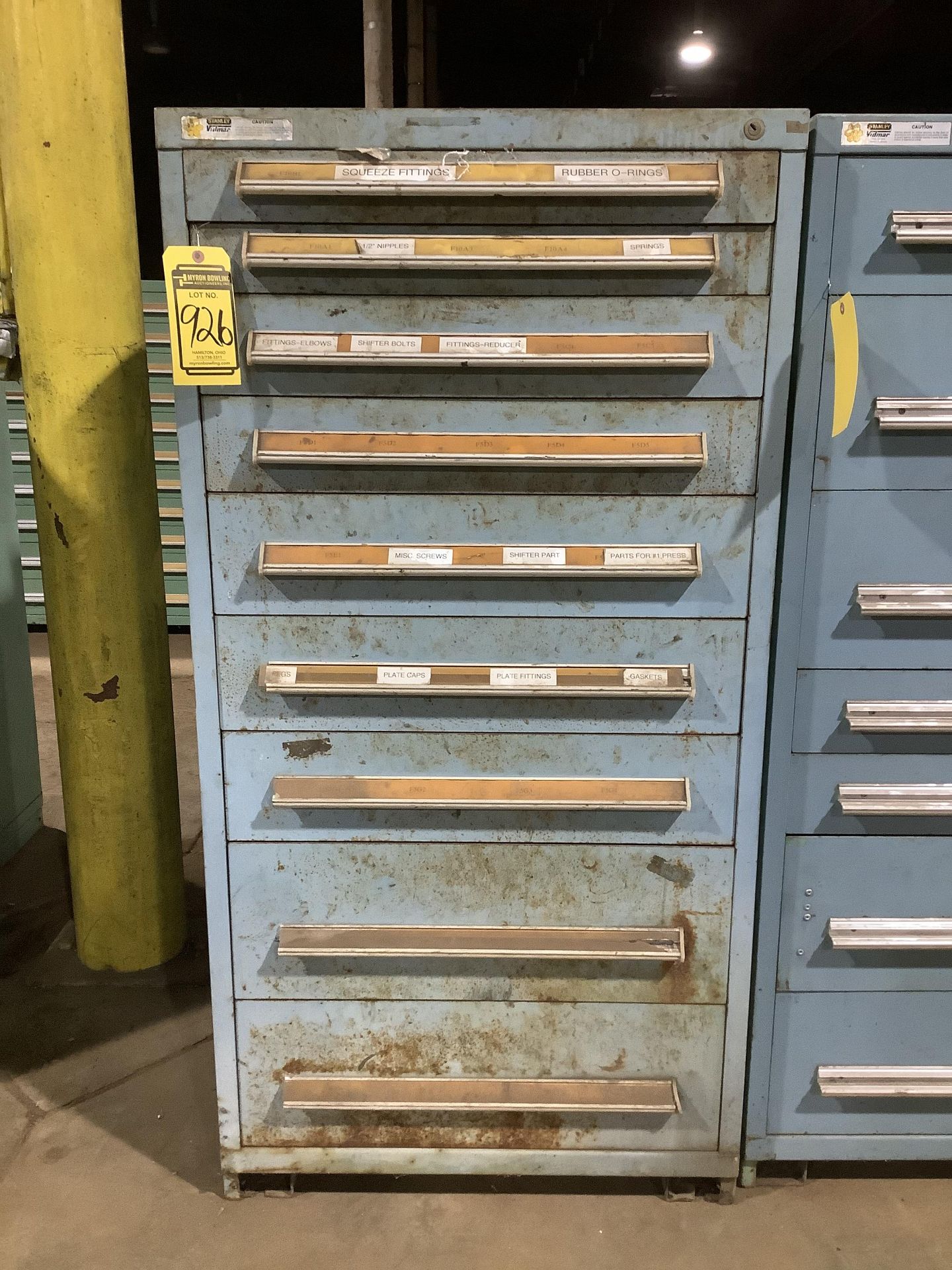 STANLEY VIDMAR 9 DRAWER INDUSTRIAL STORAGE CABINET WITH CONTENTS