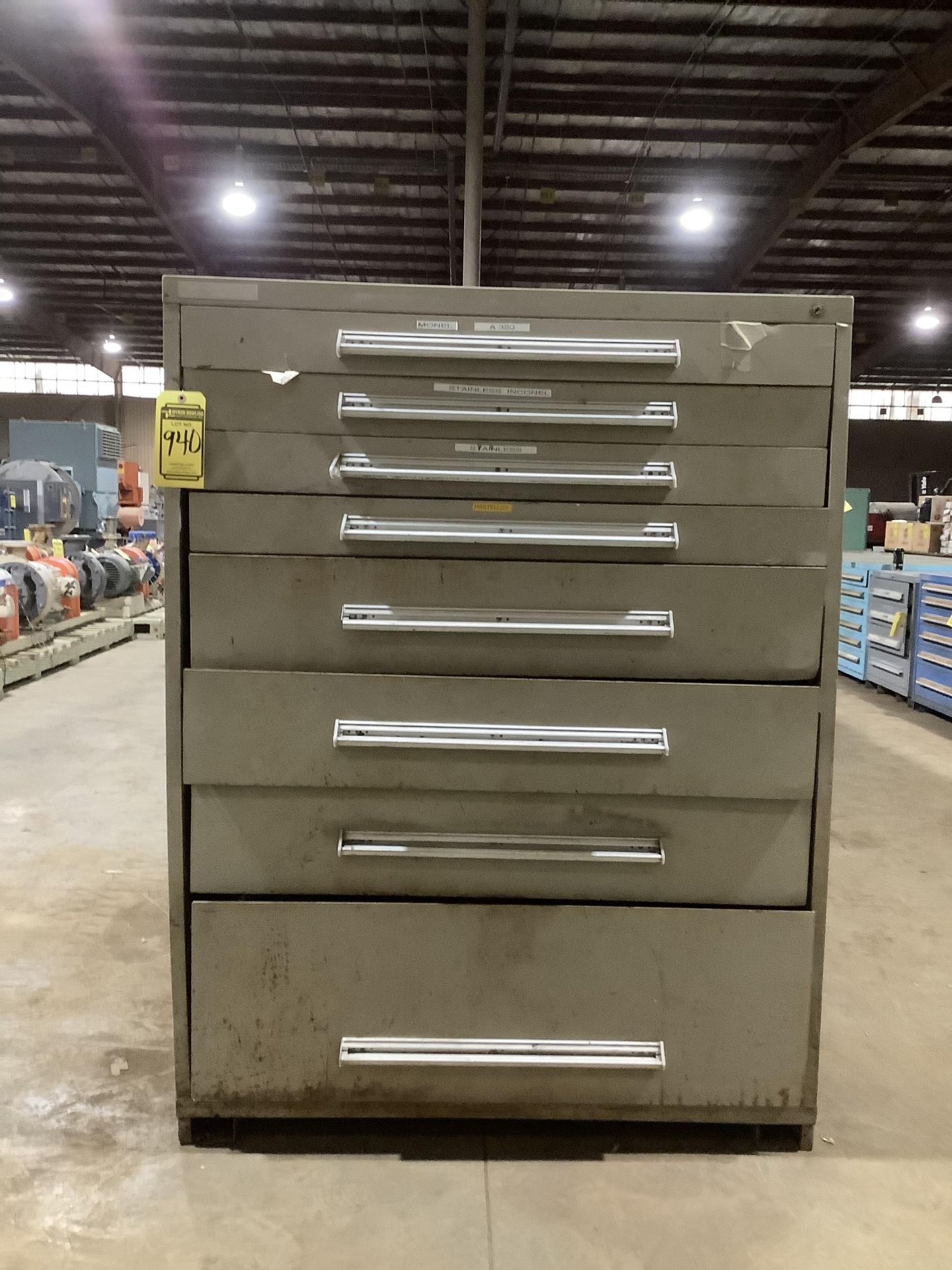 45” WIDE STANLEY VIDMAR 8 DRAWER INDUSTRIAL STORAGE CABINET WITH CONTENTS