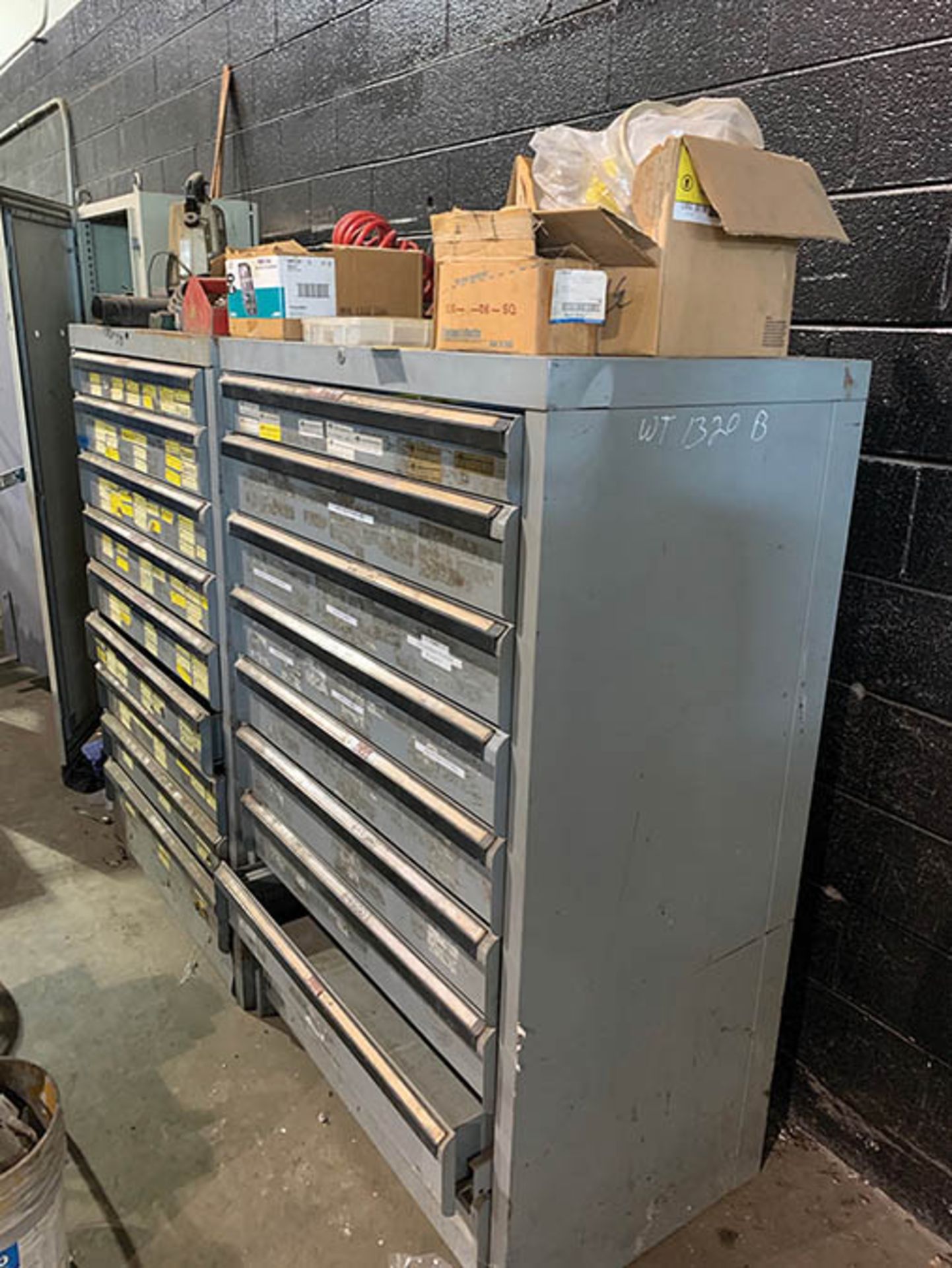 HEAVY DUTY DEEP DRAWER CABINET AND CONTENTS OF BOLTS, NUTS, AND BEAM CLAMPS