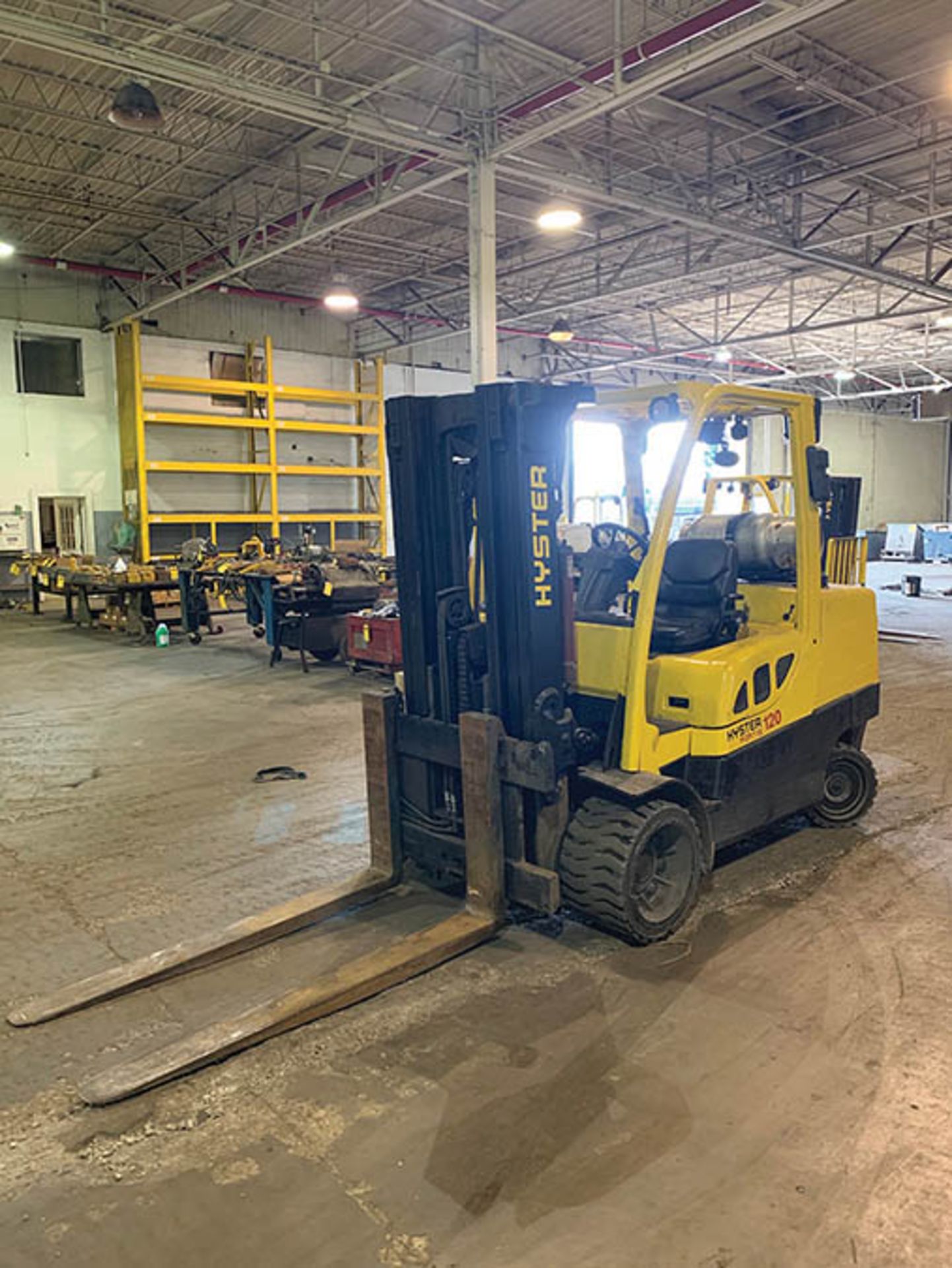 2014 HYSTER 12,000-LB CAPACITY FORKLIFT, MODEL: S120FT, LPG, 3-STAGE MAST, 12,464 HR, SOLID TIRES