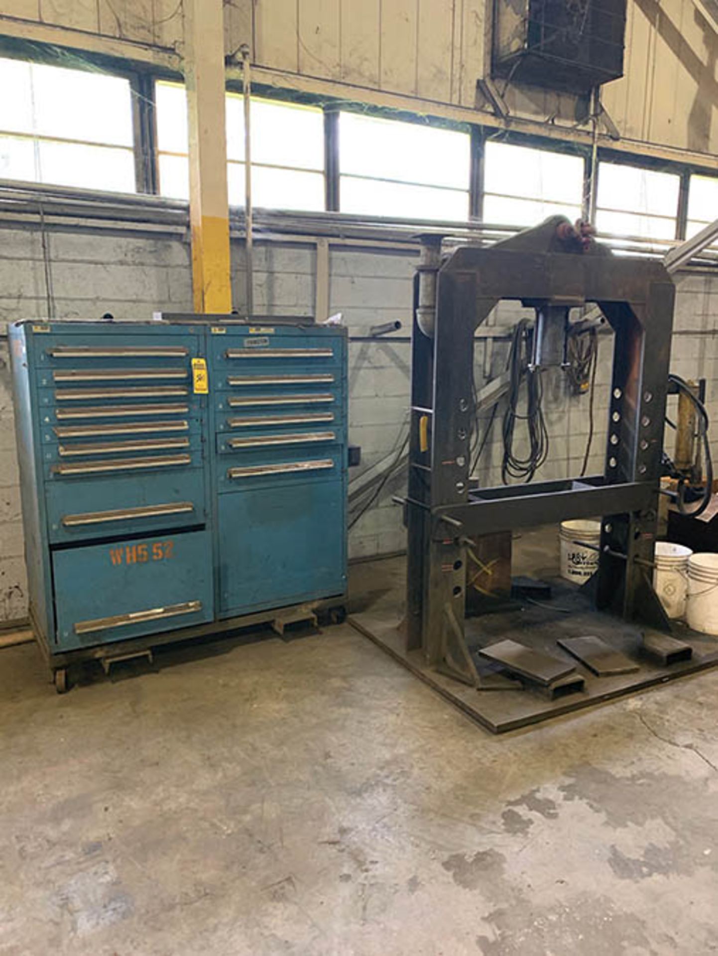 CUSTOM BUILT HEAVY DUTY 30-TON H-FRAME HYDRAULIC PRESS AND CABINET OF BENDING JIGS