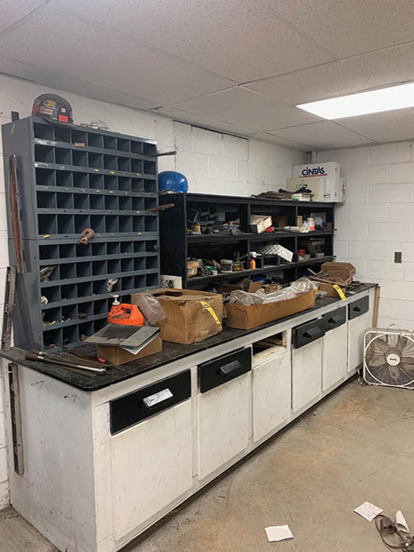 WORK BENCH AND CONTENTS, GRINDER PARTS, HOSE REPAIR KITS, ELECTRICAL FITTINGS