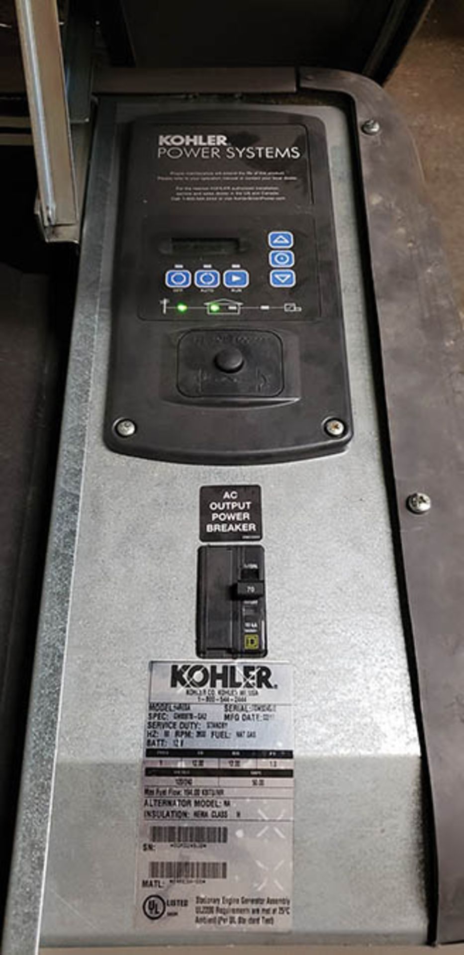 2013 KOHLER POWER SYSTEMS STANDBY GENERATOR, NATURAL GAS, MODEL 14RESA, S/N SGM324SJ2 - Image 2 of 2