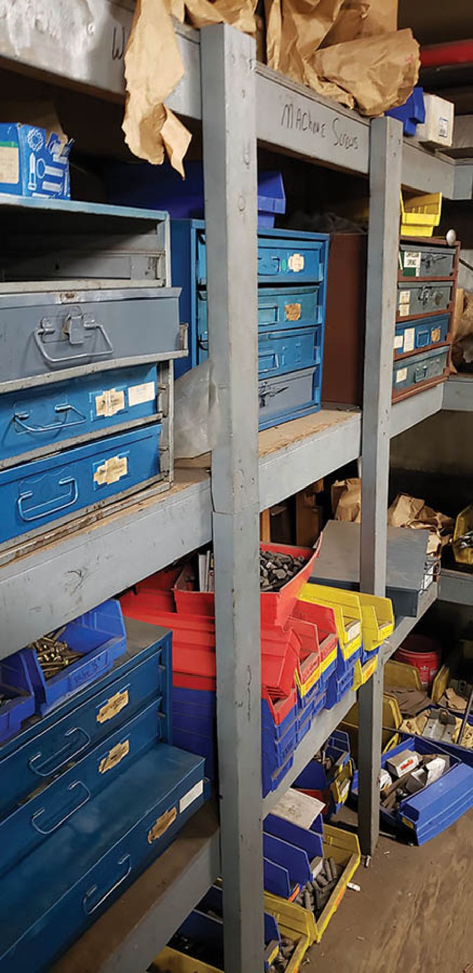 CONTENTS OF ROOM: BOLT BINS, PARTS BINS, SHELVING FULL OF HARDWARE, BOLTS, NUTS, SCREWS, WASHERS, - Image 9 of 13