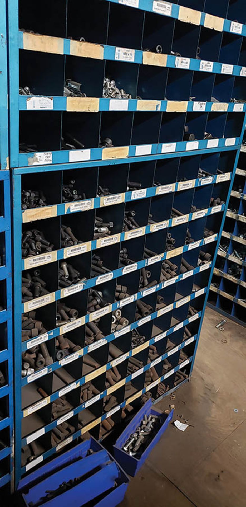 CONTENTS OF ROOM: BOLT BINS, PARTS BINS, SHELVING FULL OF HARDWARE, BOLTS, NUTS, SCREWS, WASHERS, - Image 8 of 13