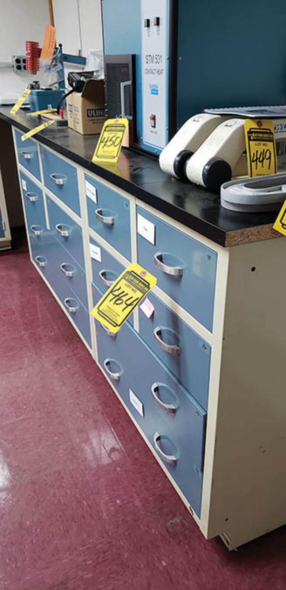 STEEL CABINETS W/ SOAP STONE & ACRYLIC TOPS