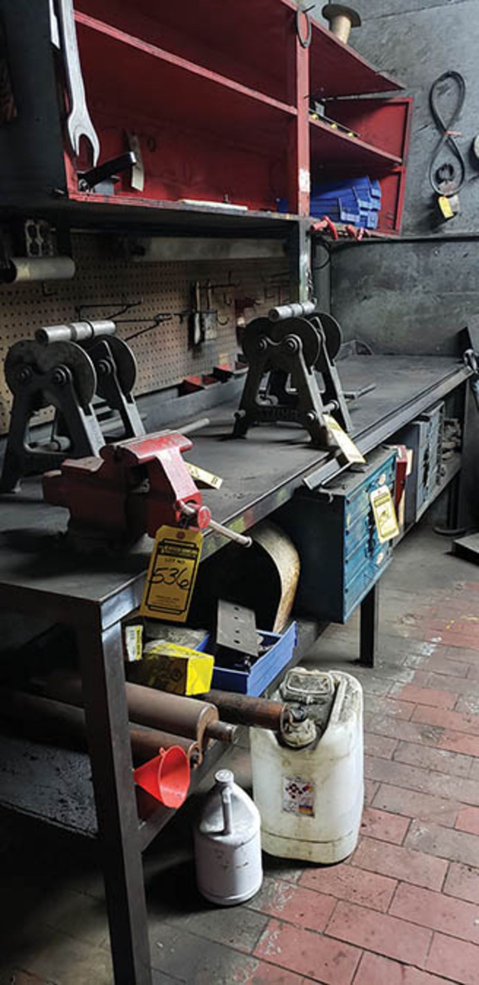 WORKBENCH W/ COLUMBIAN 5 1/2'' BENCH VISE, SPINDLES ON WALL, MOTORS, ASSORTED PARTS - Image 3 of 6