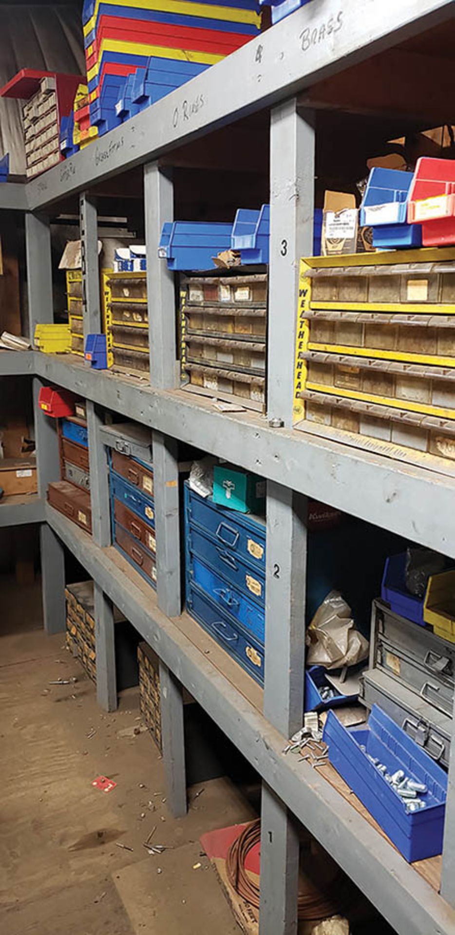 CONTENTS OF ROOM: BOLT BINS, PARTS BINS, SHELVING FULL OF HARDWARE, BOLTS, NUTS, SCREWS, WASHERS, - Image 2 of 13