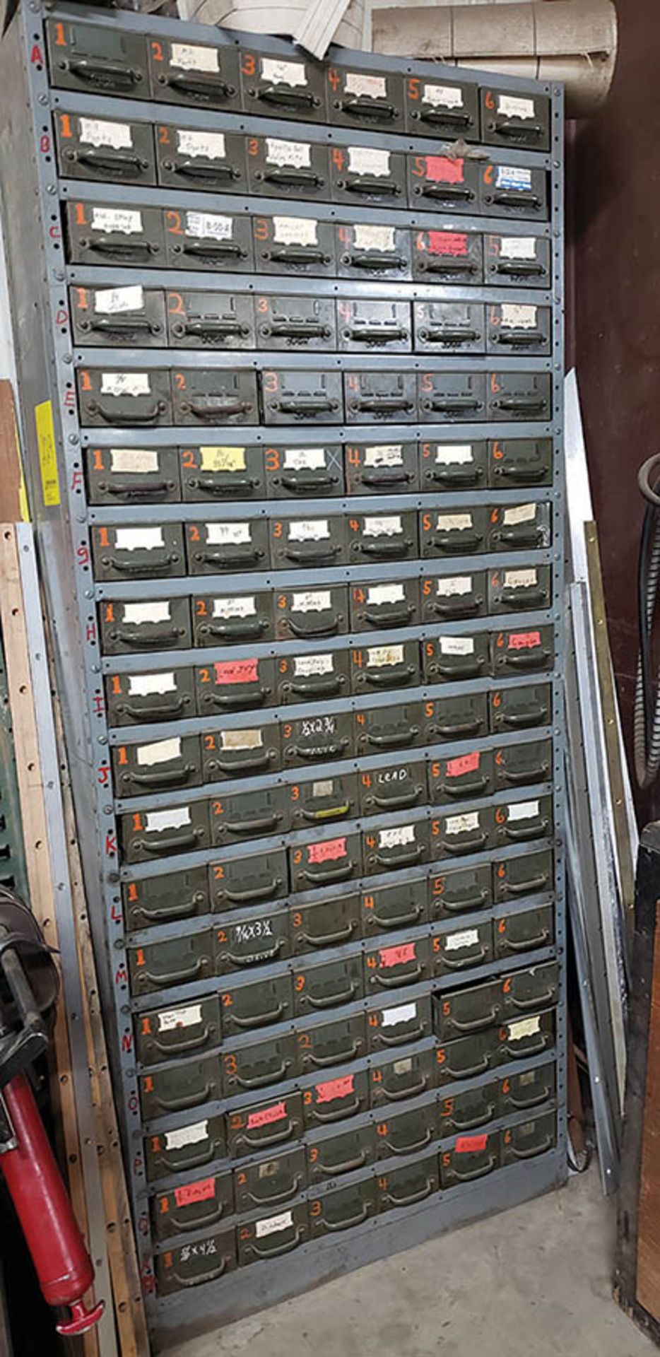 108 TRAY BOLT BIN W/ CONTENTS: LOVEJOY COUPLINGS, UNIONS, TEE'S, AND MORE, CABINET W/ MISC. CONTENT