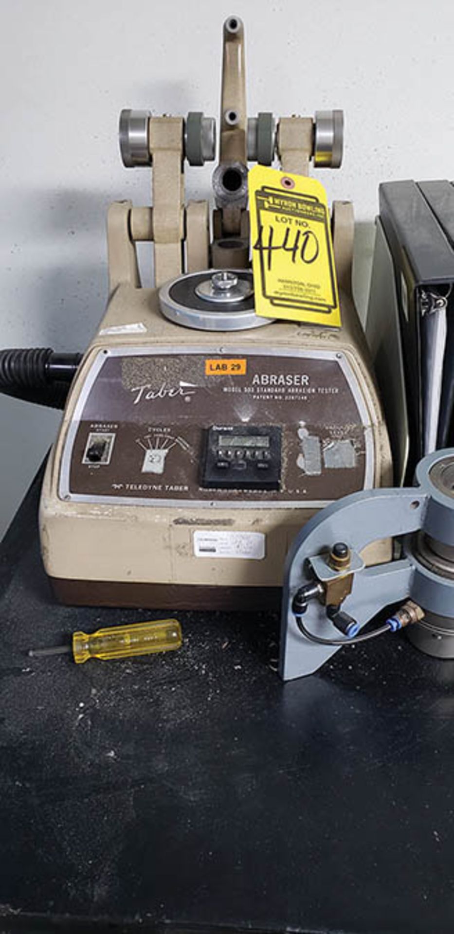 SATRA LASTOMETER STM 463 STRENGTH TESTER, TABER ABRASER MODEL 503 ABRASION TESTER, CABINET W/ - Image 3 of 3