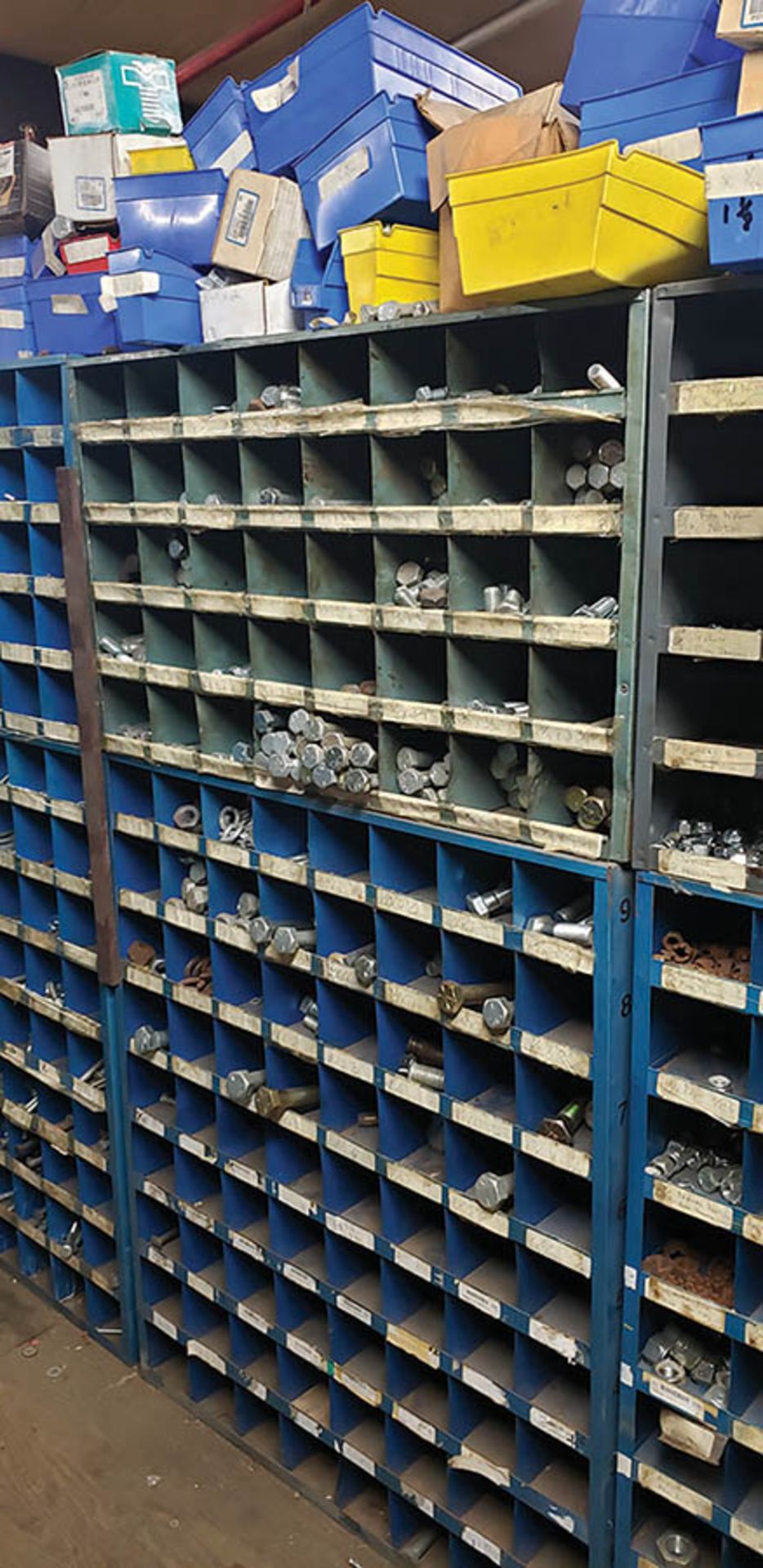 CONTENTS OF ROOM: BOLT BINS, PARTS BINS, SHELVING FULL OF HARDWARE, BOLTS, NUTS, SCREWS, WASHERS, - Image 4 of 13