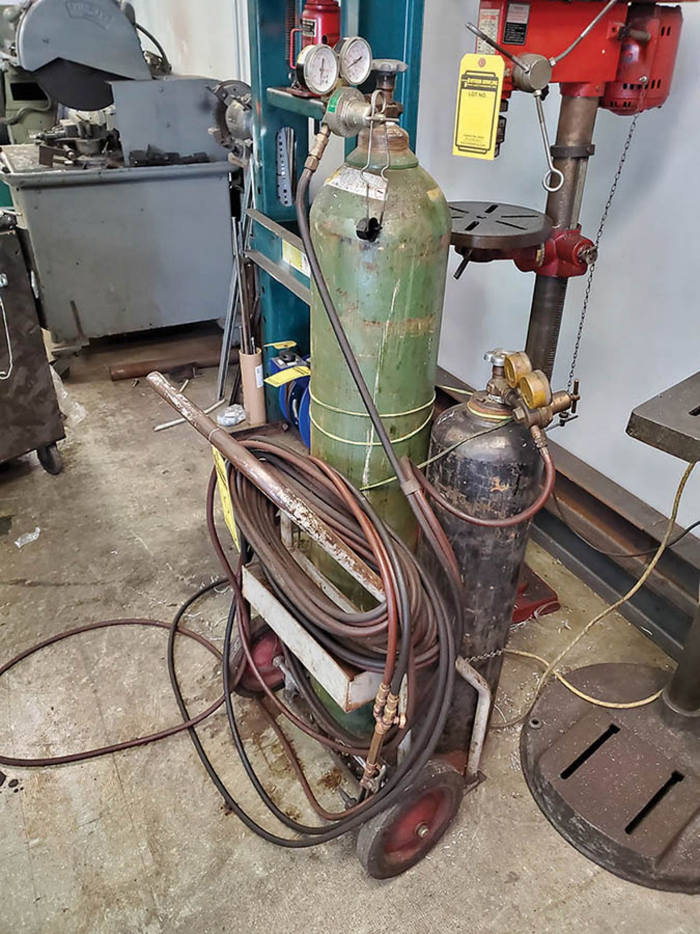 ACETYLENE TORCH CART WITH TWIN LINE HOSE, GAUGES & CUTTING HEAD, (2) WELDING CURTAINS