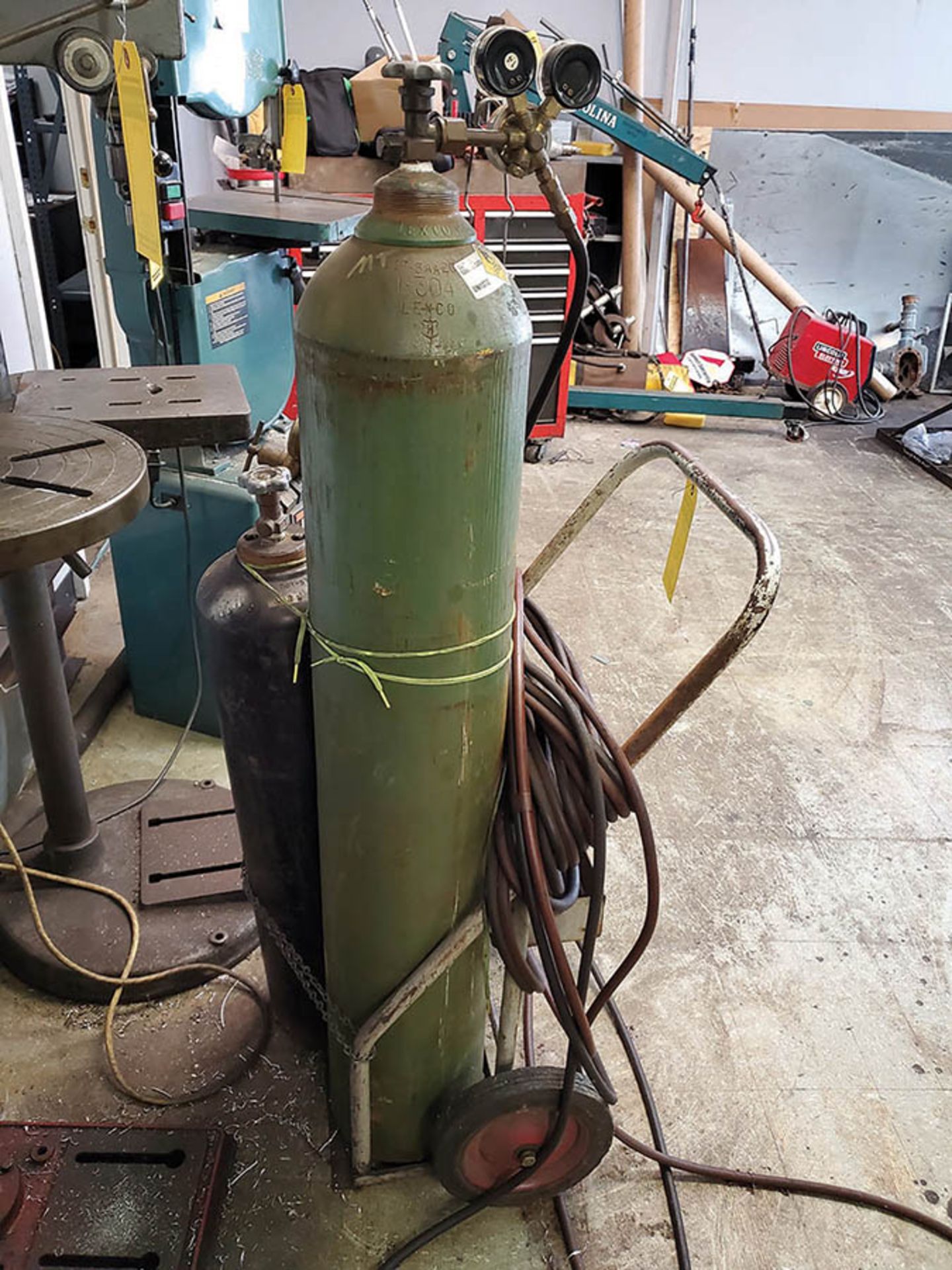 ACETYLENE TORCH CART WITH TWIN LINE HOSE, GAUGES & CUTTING HEAD, (2) WELDING CURTAINS - Image 3 of 5