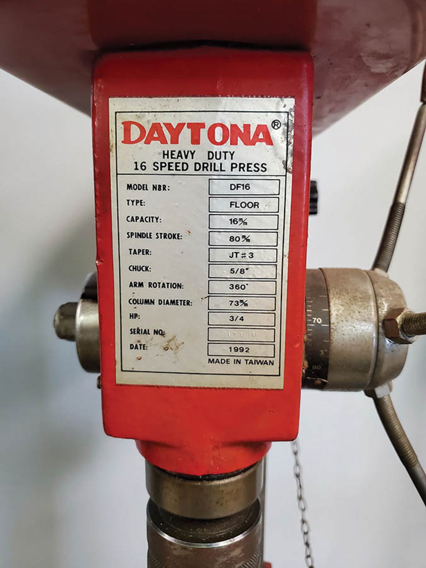 1992 DAYTONA 16 SPEED VERTICAL DRILL PRESS, MODEL: DF16, 3/4 HP, 5/8'' CHUCK - Image 5 of 5