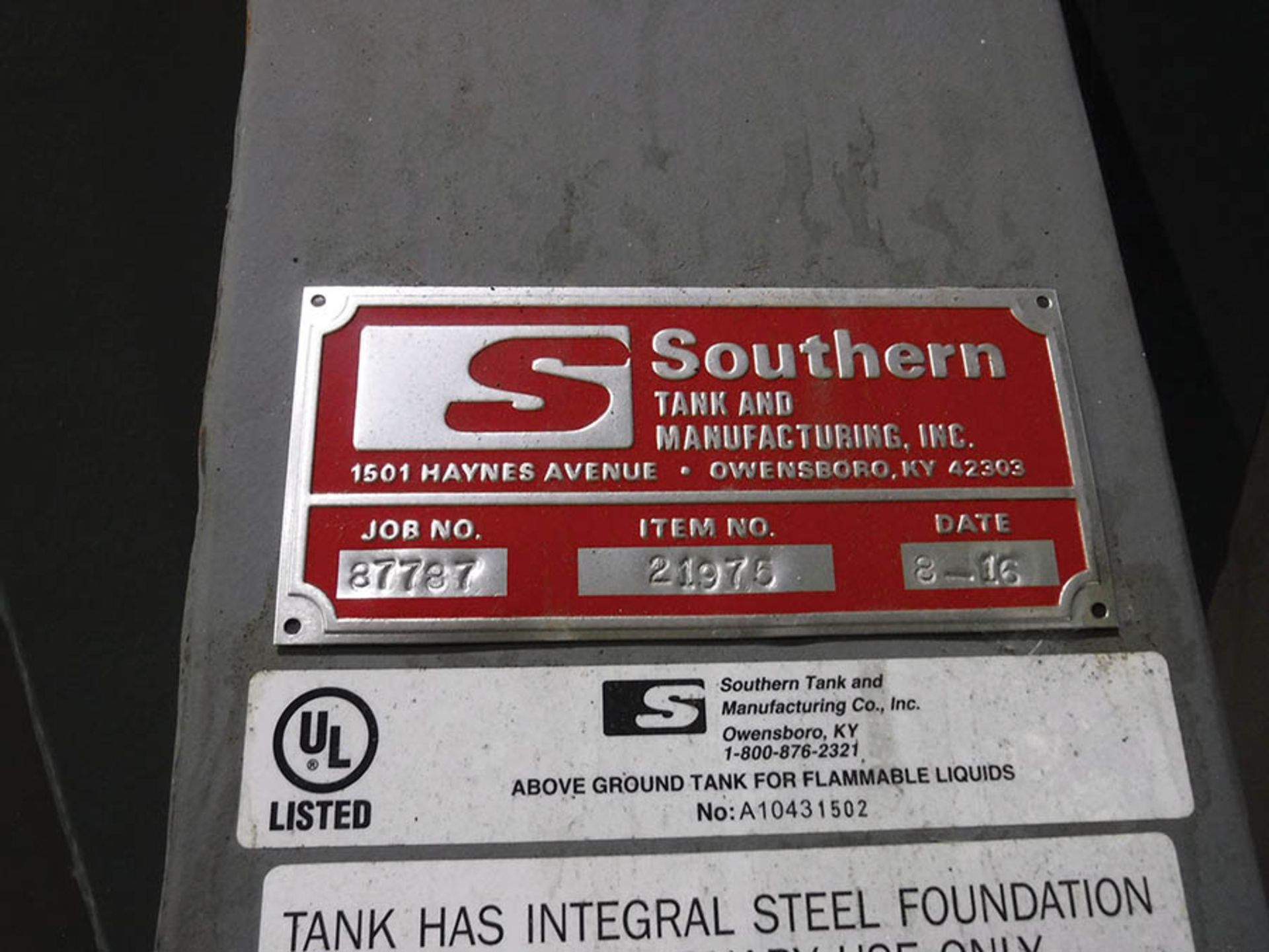 2016 SOUTHERN 10,000 GALLON STAINLESS STEEL SINGLE WALL LEG SUPPORTED VERTICAL ABOVE GROUND - Image 3 of 6