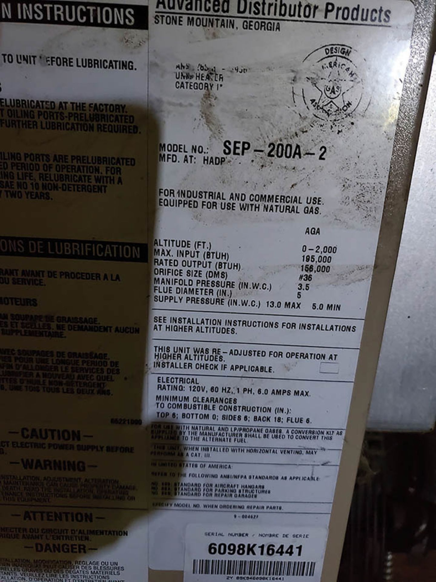 ADP CEILING MOUNTED NATURAL GAS UNIT HEATERS, MODEL SEP-200-2, 156,00 BTU OUTPUT, 5'' FLUE - Image 4 of 4