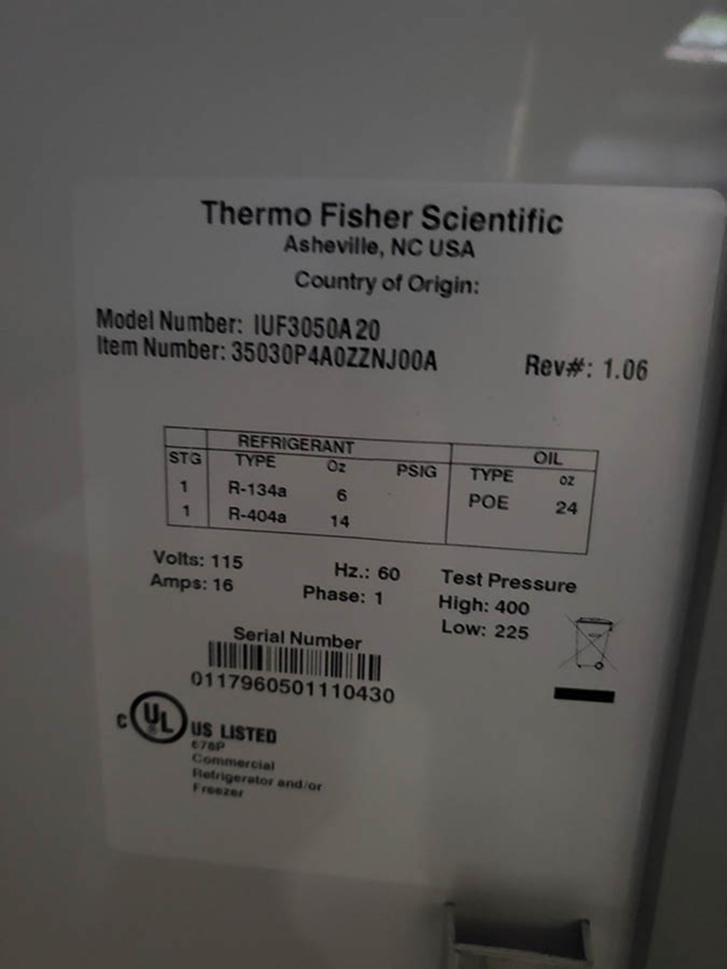 THERMO SCIENTIFIC PUFFER-HUBBARD LABORATORY REFRIGERATOR, MODEL IUF3050A20, SINGLE PHASE, TEST - Image 8 of 9