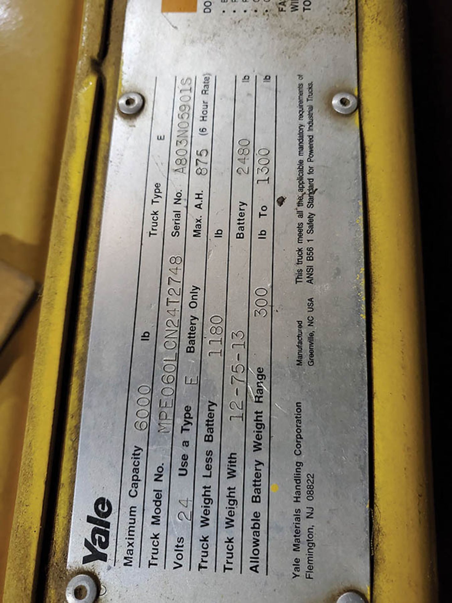 YALE 6,000 LB. WALK/RIDE ELECTRIC PALLET JACK, MODEL MPE060LON24T2748, 24V, 48'' FORKS - Image 6 of 6