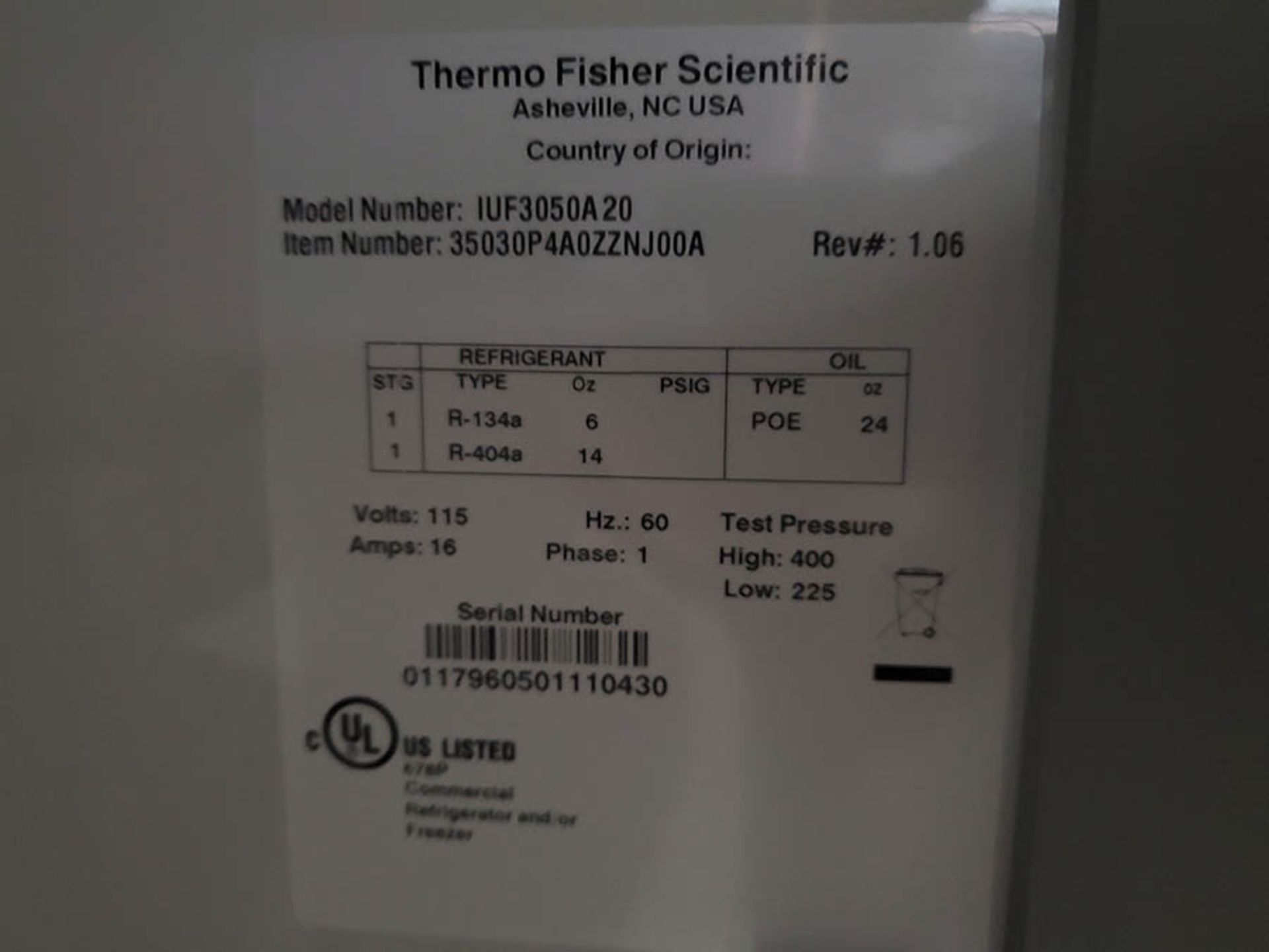 THERMO SCIENTIFIC PUFFER-HUBBARD LABORATORY REFRIGERATOR, MODEL IUF3050A20, SINGLE PHASE, TEST - Image 7 of 9