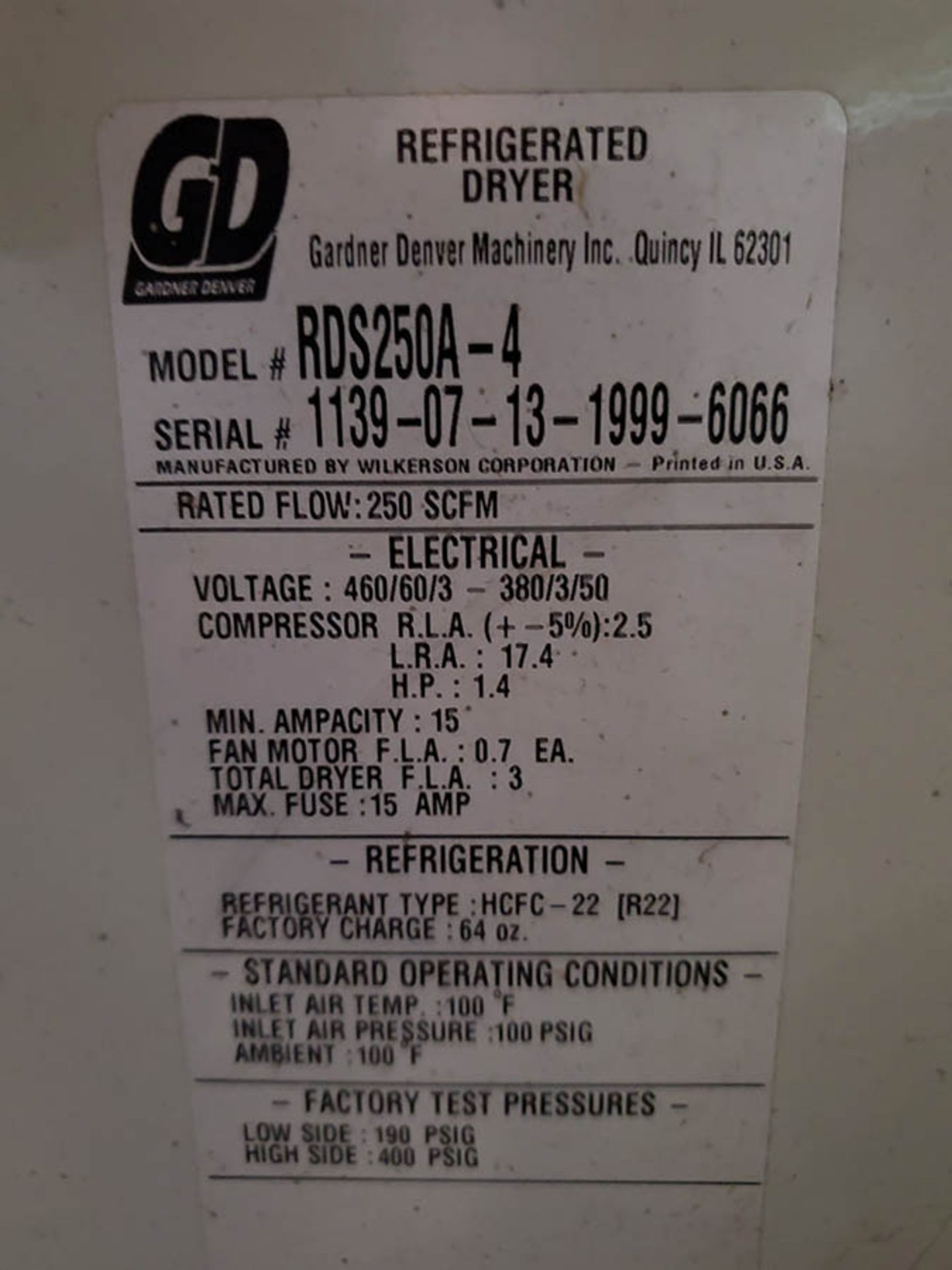 GARDNER-DENVER RDS SERIES REFRIGERATED AIR DRYER, MODEL RDS250A-4, R22 REFRIGERANT & GD ELIMINATOR 2 - Image 6 of 9