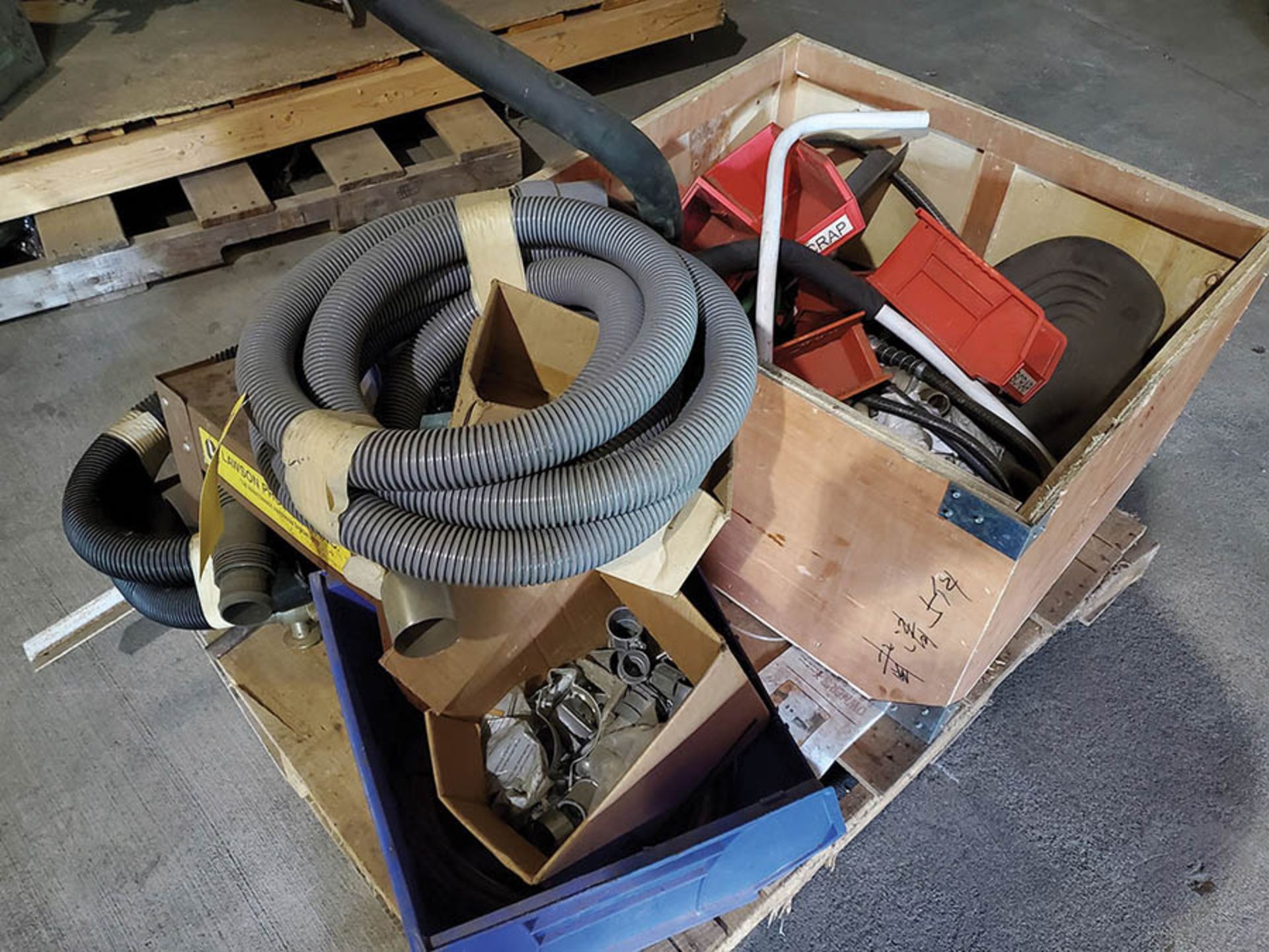 VACUUM BLOWER WITH SUCTION END/HOSE & PALLET OF MISC HOSE, PLASTIC BINS, LAWSON SHROUD - Image 4 of 5