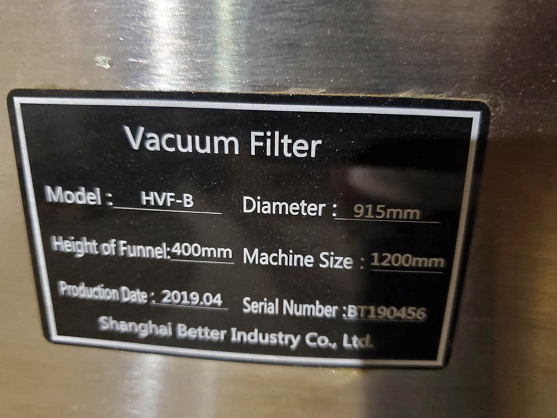 2019 36'' DIA. STAINLESS STEEL VACUUM FILTER, MODEL HVF-B, 15.7'' FUNNEL HEIGHT, 47'' MACHINE SIZE - Image 5 of 5