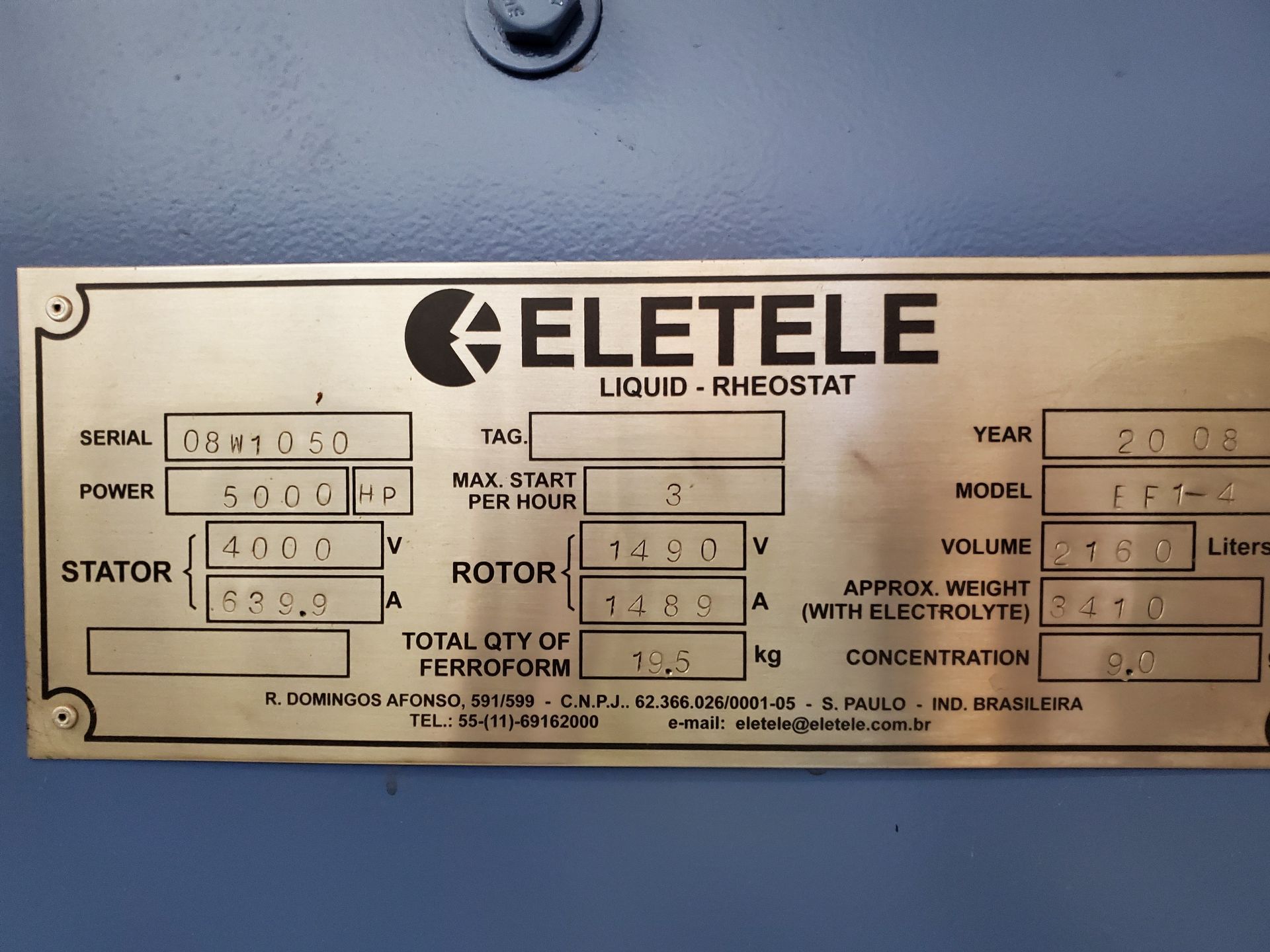 (NEW/NEVER USED) 2008 ELETELE 5,000 HP LIQUID RHEOSTAT, MODEL EF1-4, 4,000V/639.9A STATOR, 1490V/ - Image 7 of 11