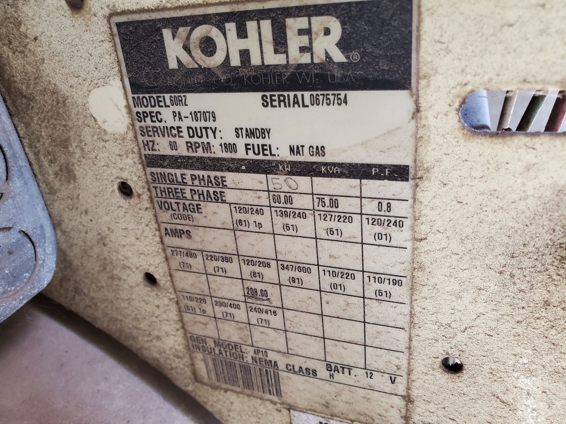 KOHLER NATURAL GAS POWER GENERATOR, MODEL 60RZ, AUTOMATIC 13V OUTPUT BATTERY CHARGER, 2000 YEAR FORD - Image 12 of 14