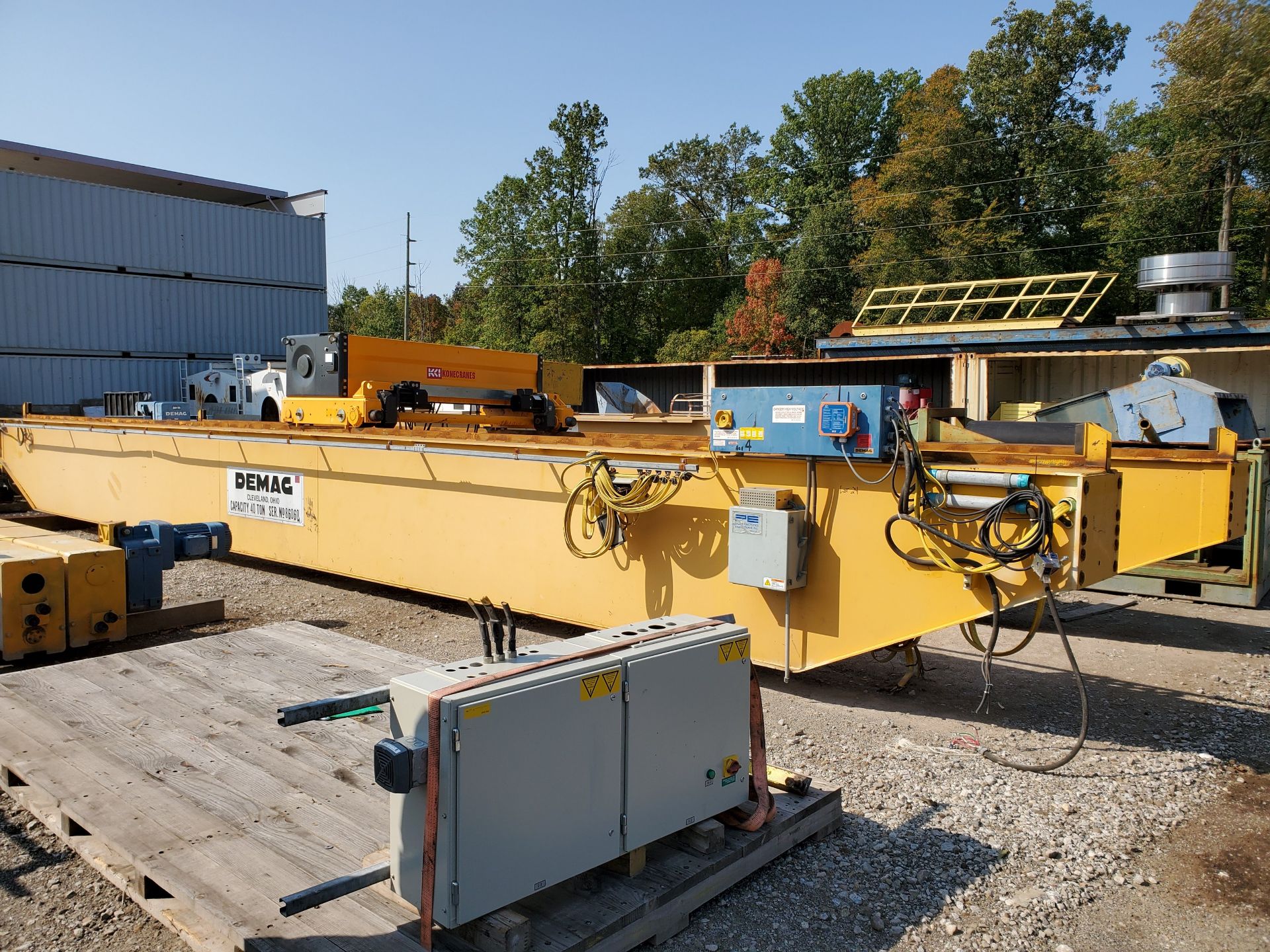 40-TON DEMAG OVERHEAD BRIDGE CRANE, 40-TON KONE CRANE CABLE HOIST, 46' SPAN, DOUBLE GIRDER, TOP RIDE