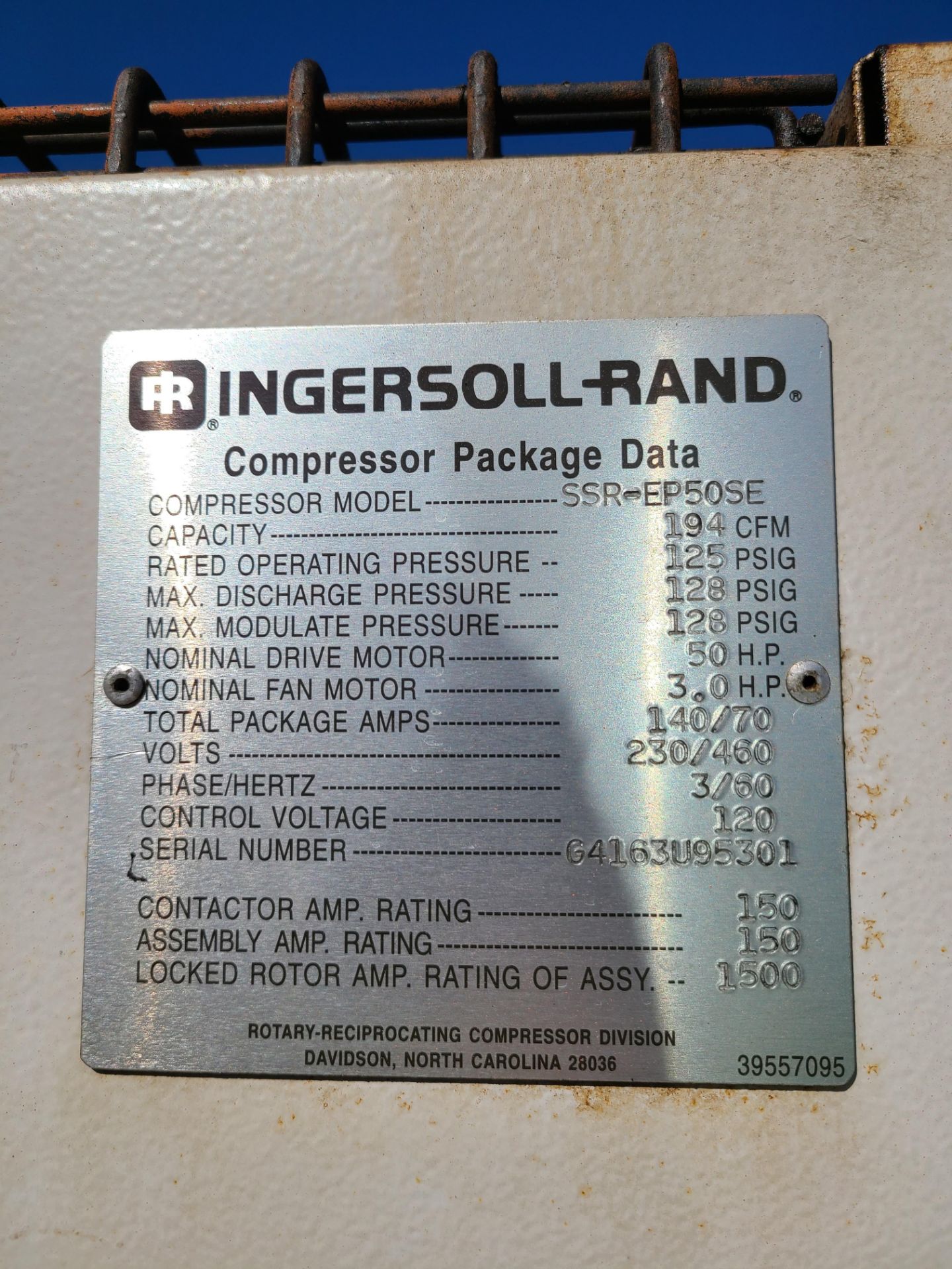 INGERSOLL-RAND 50 HP AIR COMPRESSOR, 194 CFM, 125 PSIG, SSR-EP50SE - Image 2 of 2