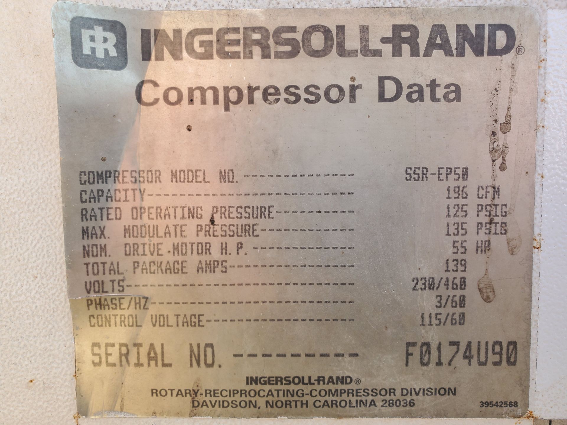 INGERSOLL-RAND 55 HP ROTARY SCREW AIR COMPRESSOR, MODEL SSR-EP50, 196 CFM, 134 MAX PSIG, 220/460V, 3 - Image 9 of 11