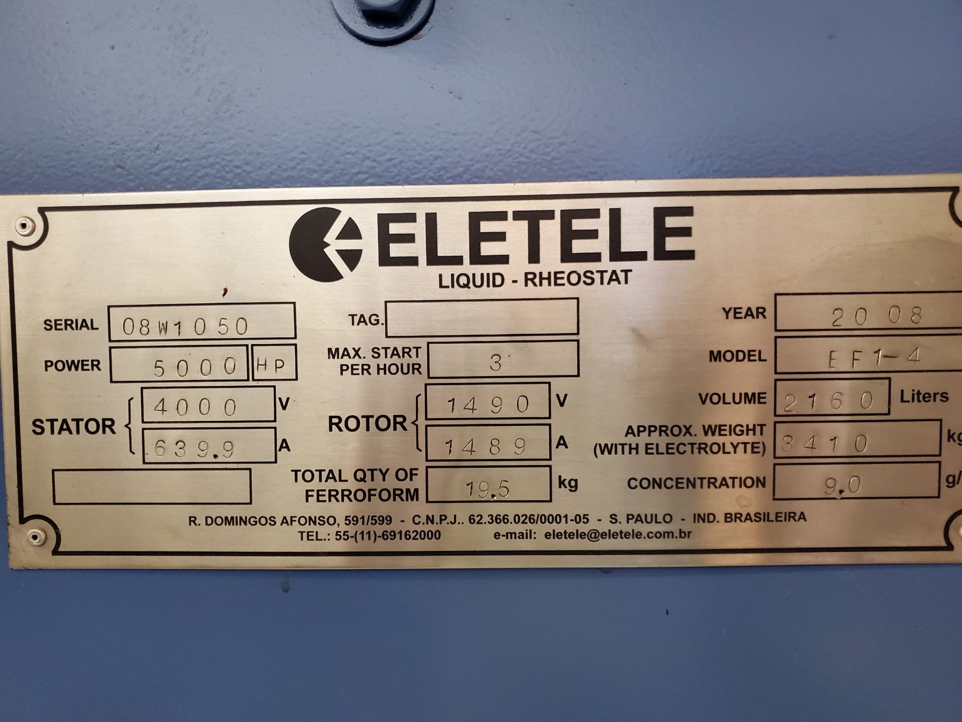 (NEW/NEVER USED) 2008 ELETELE 5,000 HP LIQUID RHEOSTAT, MODEL EF1-4, 4,000V/639.9A STATOR, 1490V/ - Image 8 of 11