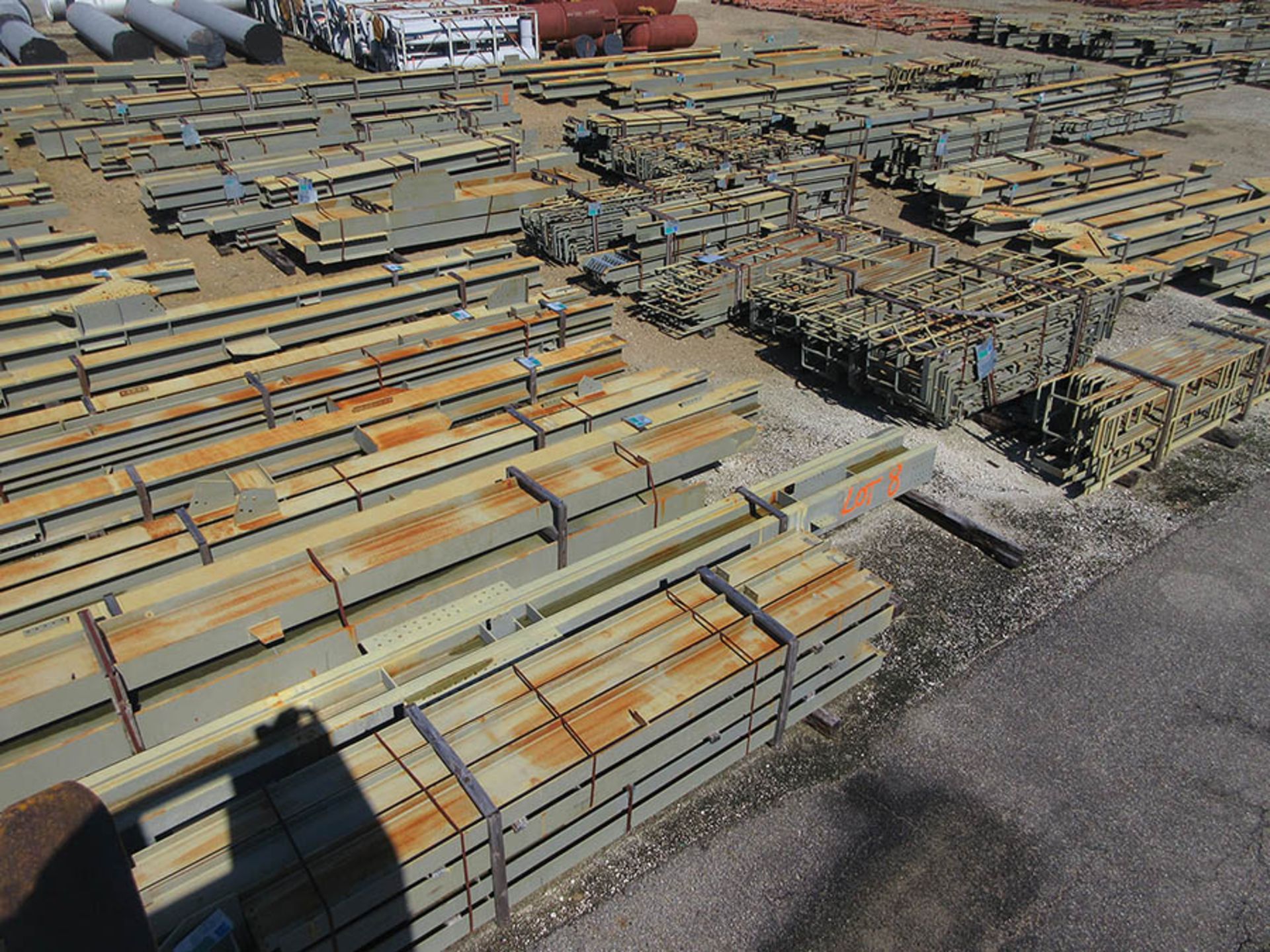 LARGE LOT OF STRUCTURAL STEEL: BEAMS, COLUMNS, HANDRAIL, BEAMS UP TO 630'' X 27'' X 20'' X 7'', ALSO - Image 2 of 3