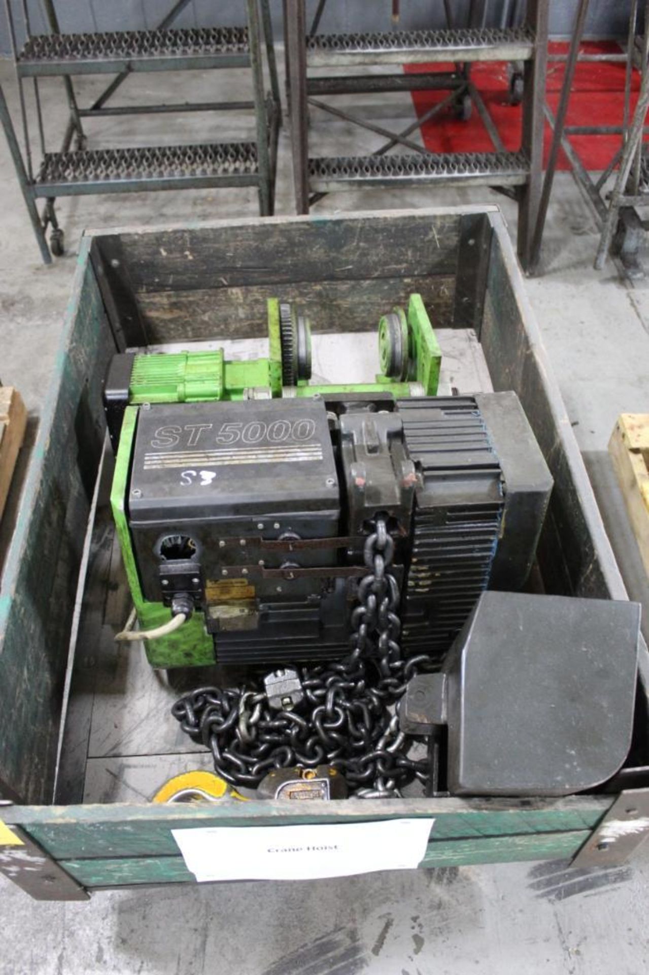 LOT: STAHL 5000 LB. ELECTRIC CHAIN HOIST, WITH POWER TROLLEY & SKID