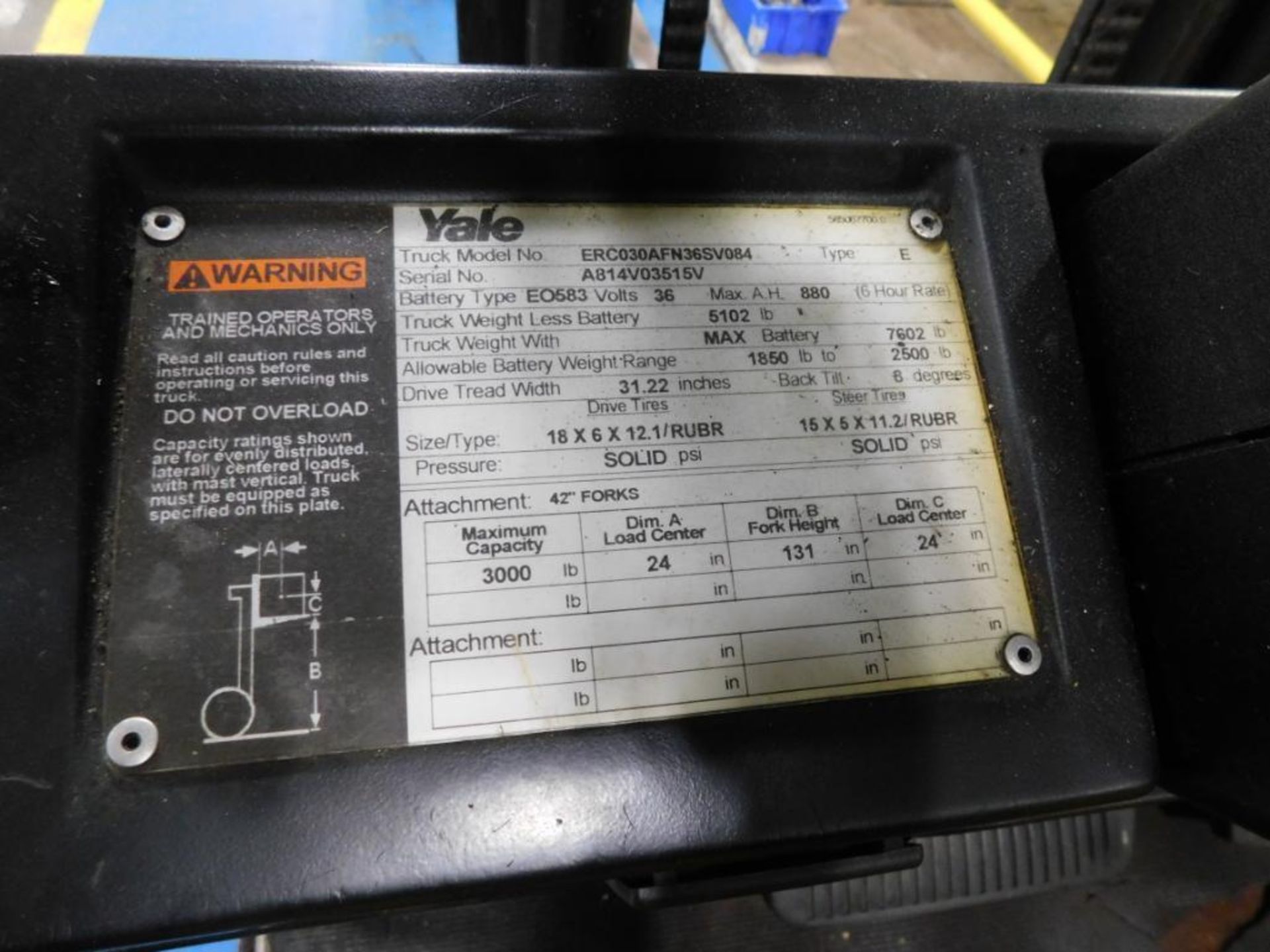 YALE 3000 LB. ELECTRIC FORKLIFT MODEL ERC030AFN365V084, S/N A814V03515V, SOLID TIRES, OVERHEAD - Image 3 of 3