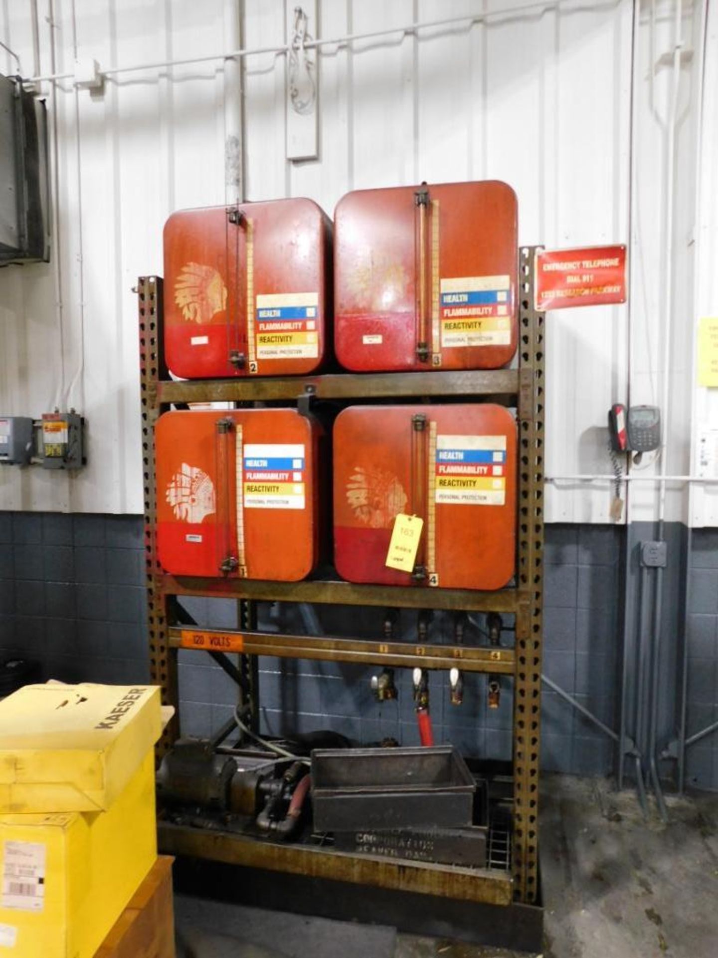 LOT: 4-TANK FLUID DISTRIBUTION STATION, WITH PUMP & ASSORTED SPILLTAINERS