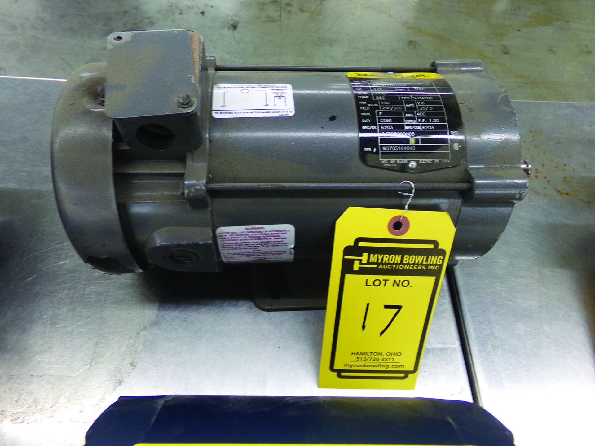 BALDOR 1/2-HP DC ELECTRIC MOTOR, ARM VOLTS 180, FIELD VOLTS 200/100, S/N W0705161010