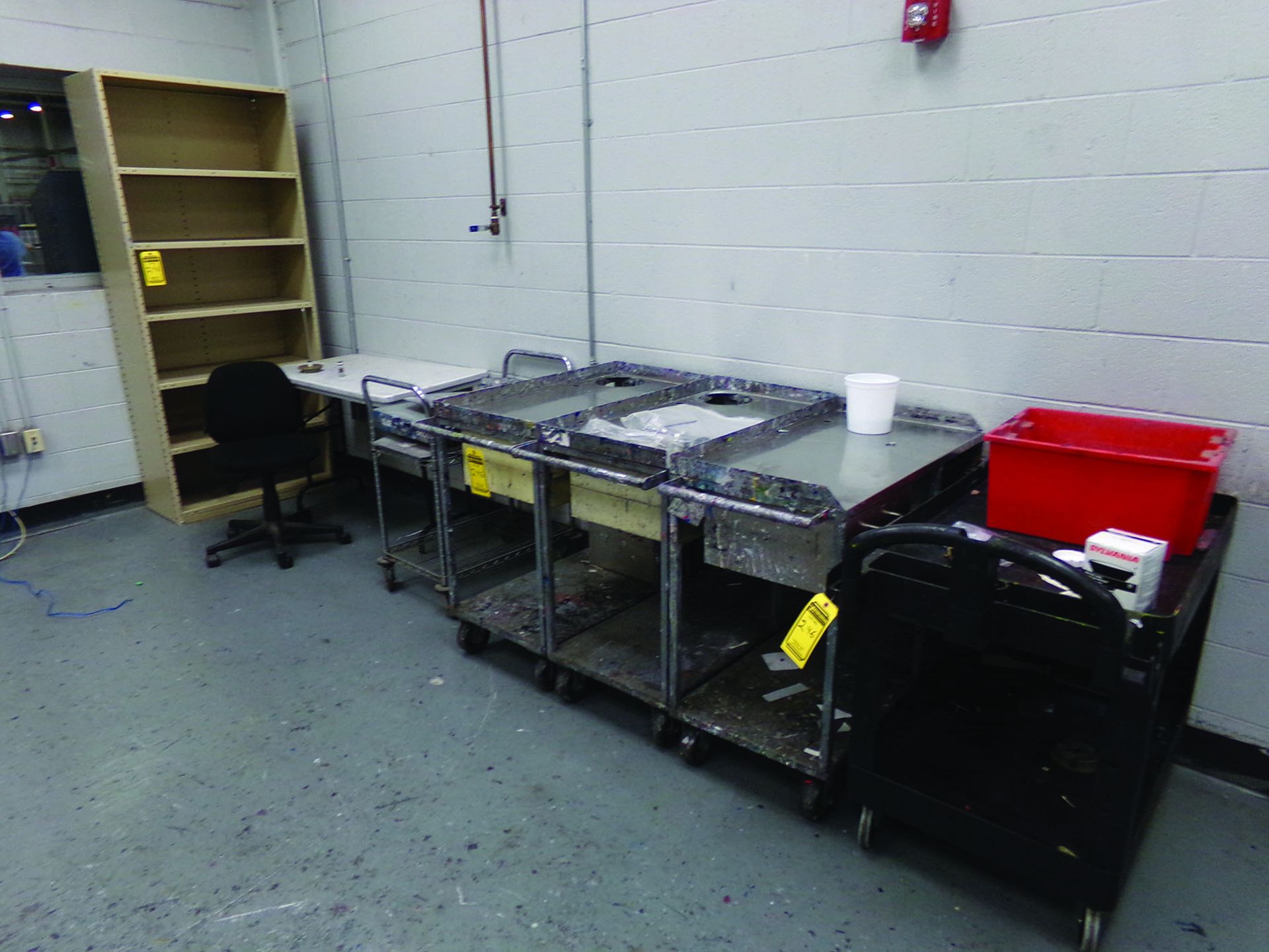 LOT OF (5) ROLLING CARTS, (4) TABLES, (8) SHELVES, AND 12-DOOR CABINET