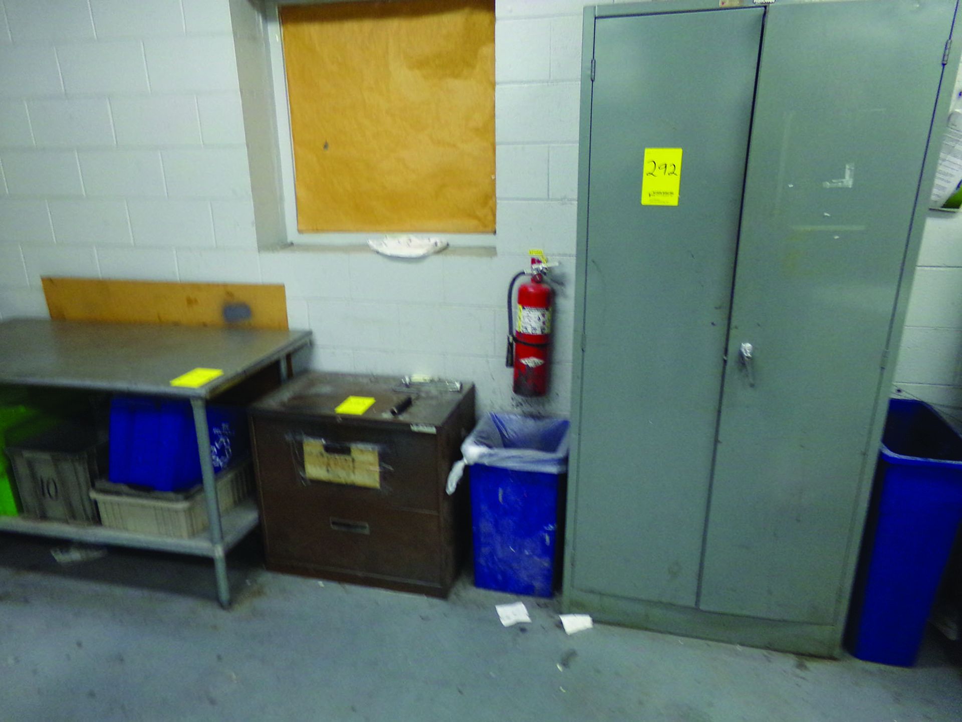 (1) 5' X 2' 6'' STAINLESS TABLE, (1) FILE CABINET, (1) 2-DOOR CABINET W/CONTENT