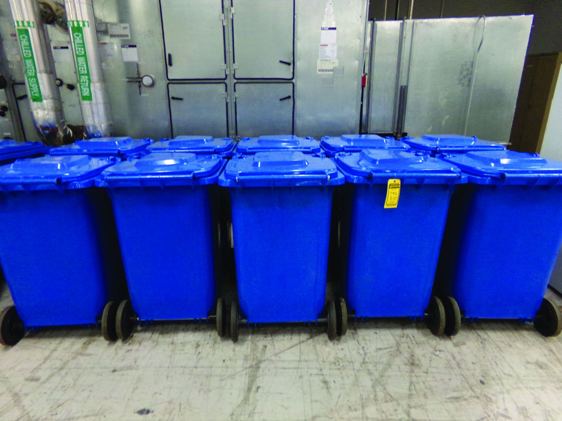 (10) BLUE ROLLING TRASH CANS