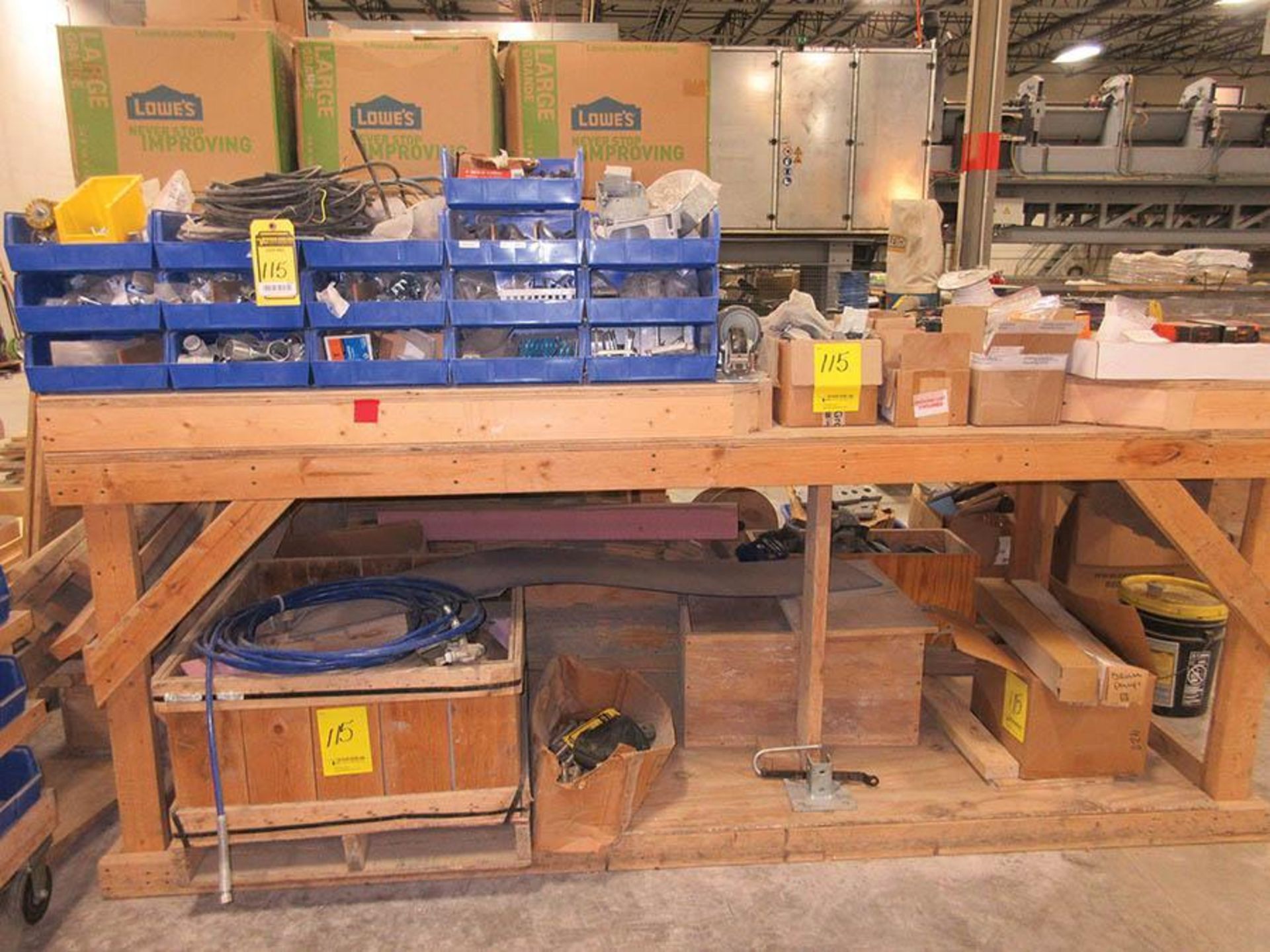 ITEMS ON WORKBENCH: ASSORTED WIRE SPOOLS, ELECTRICAL BOXES, COVERS, EFECTOR ELECTRONIC PROXIMITY